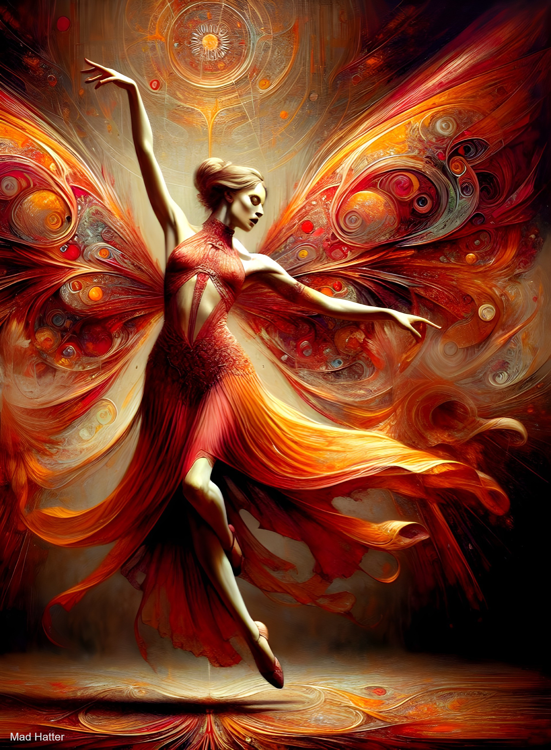Dancer in Red Dress with Butterfly Wings and Abstract Background