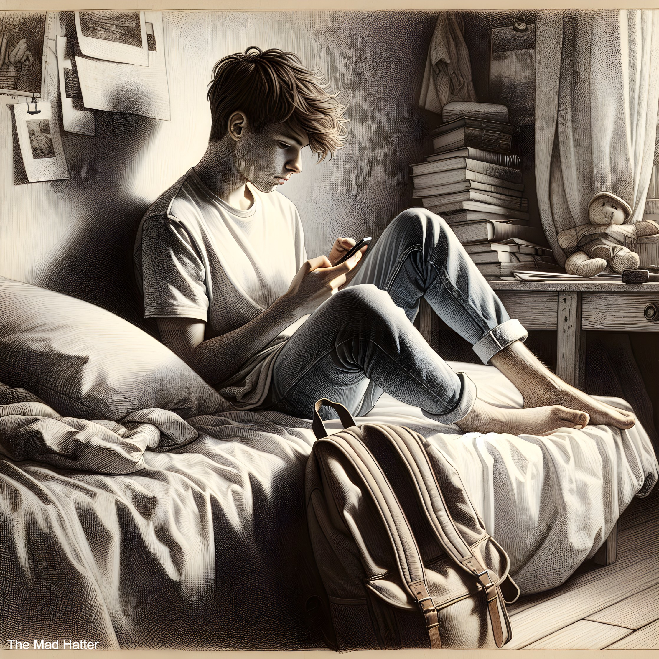 Young Boy on Unmade Bed with Smartphone and Books