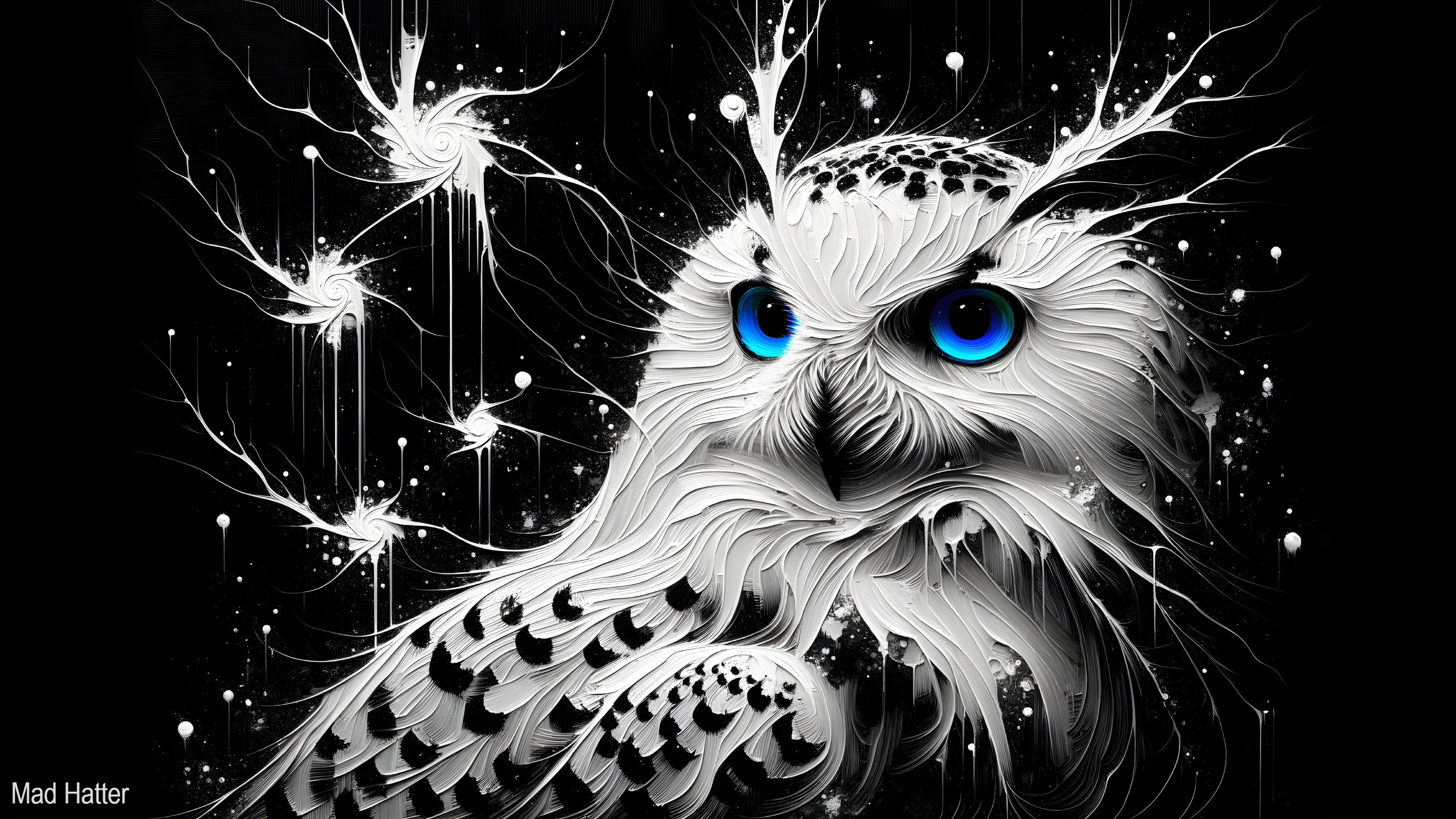 Intricate White Owl with Blue Eyes on Black Background