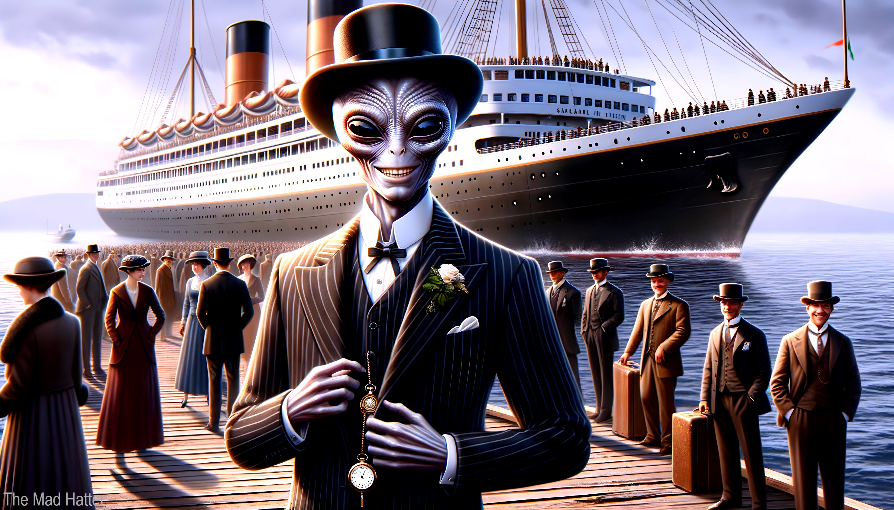 Dapper Alien in Pinstriped Suit on Ocean Pier