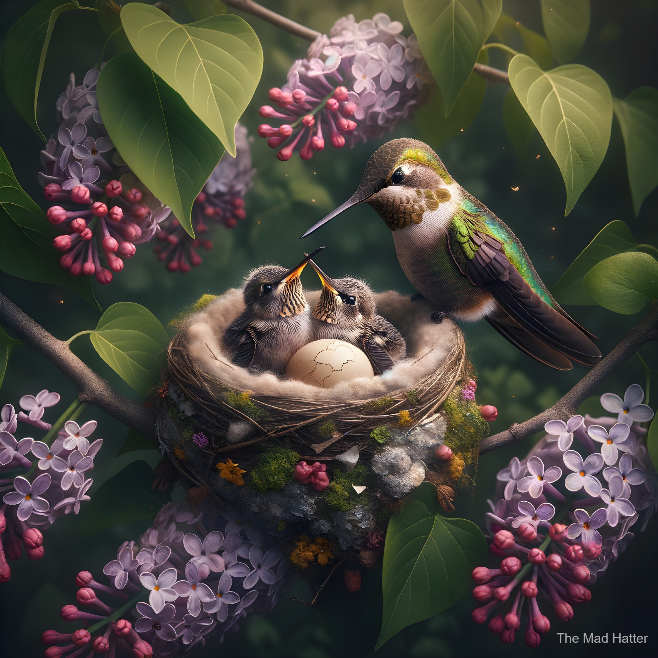 Mother Hummingbird Feeding Chicks in Cozy Nest