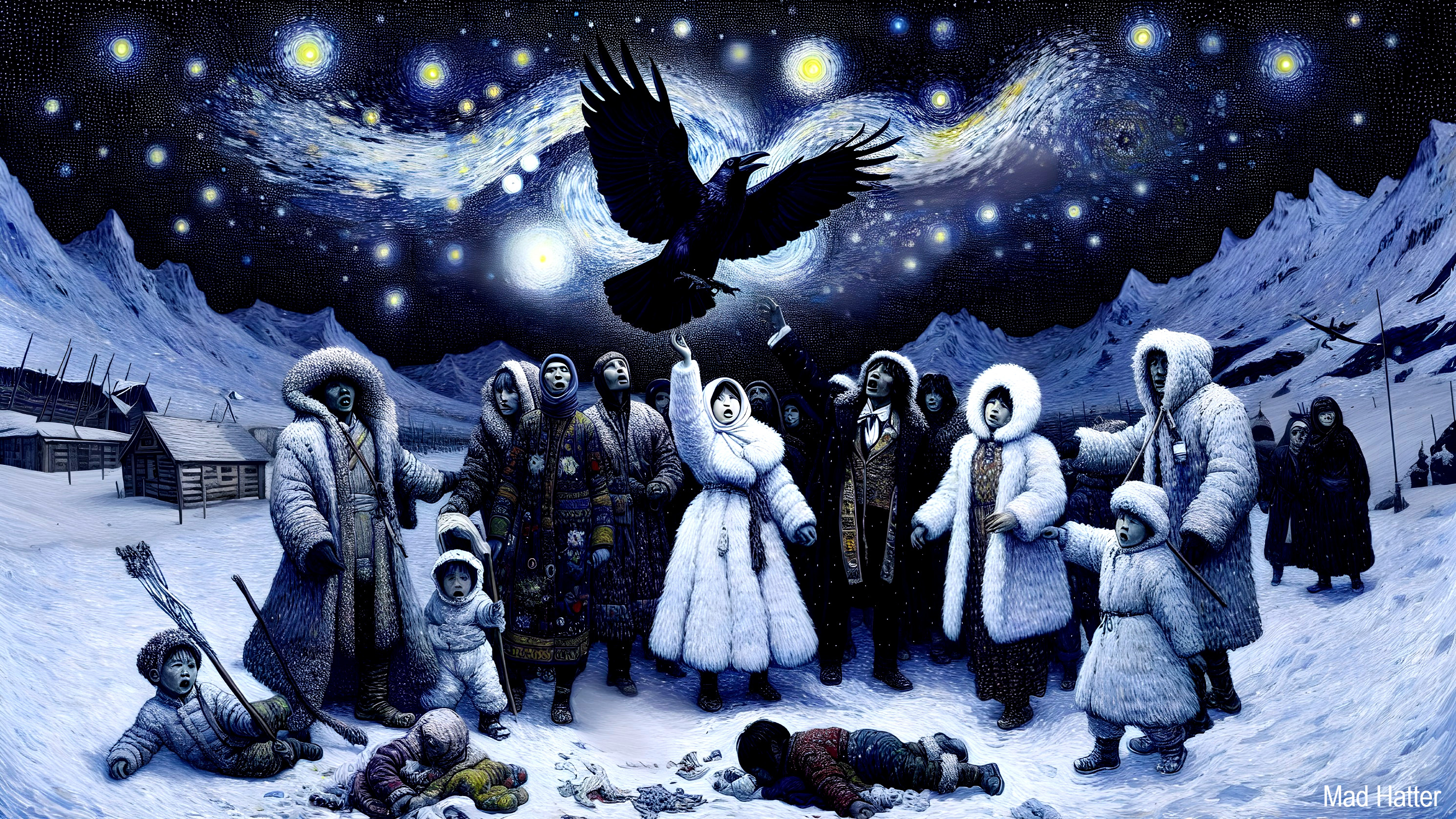 Gathering in Snowy Landscape with Raven and Starry Sky