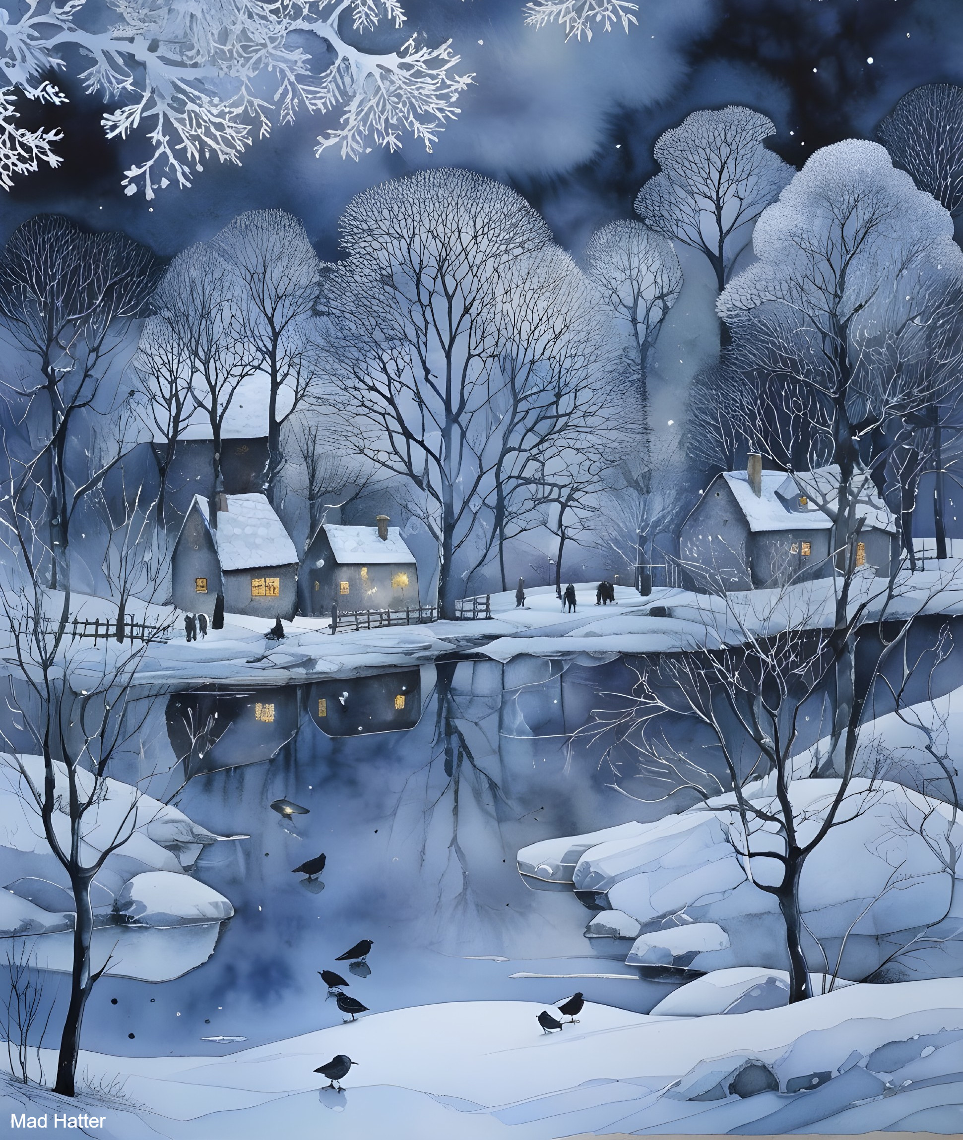 Serene Winter Scene with River and Snowy Landscape