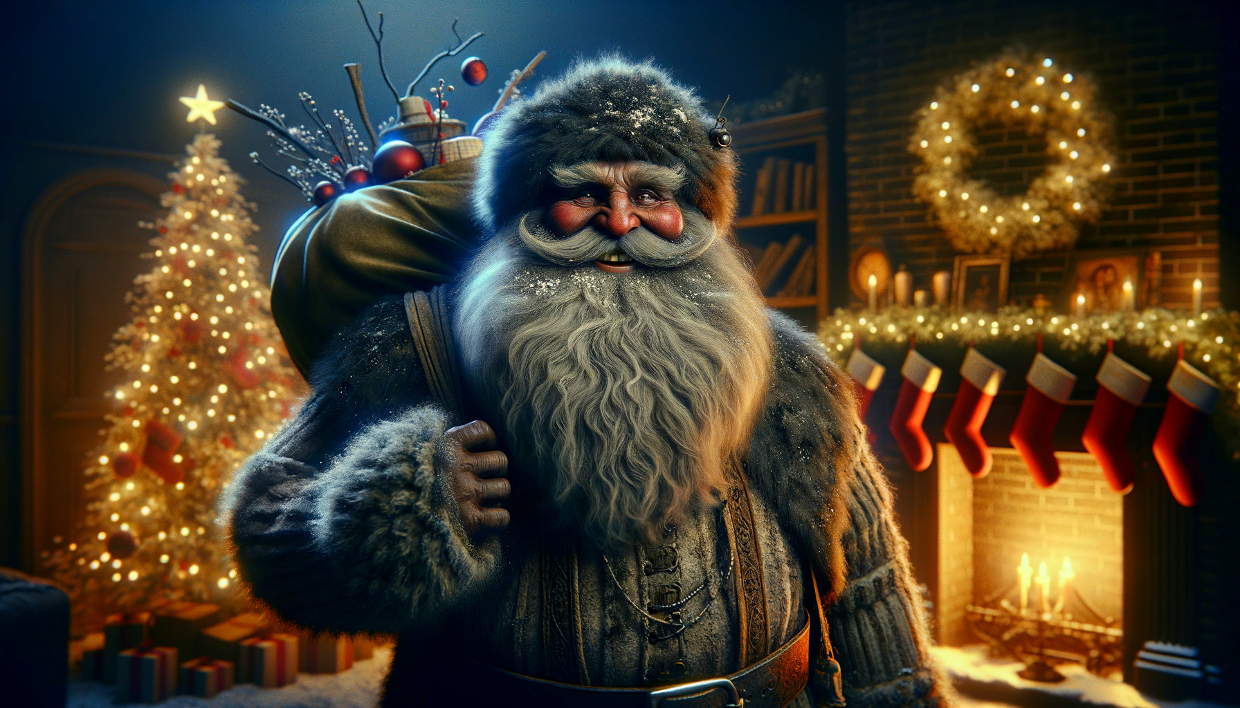Rustic Santa Claus in cozy Christmas room
