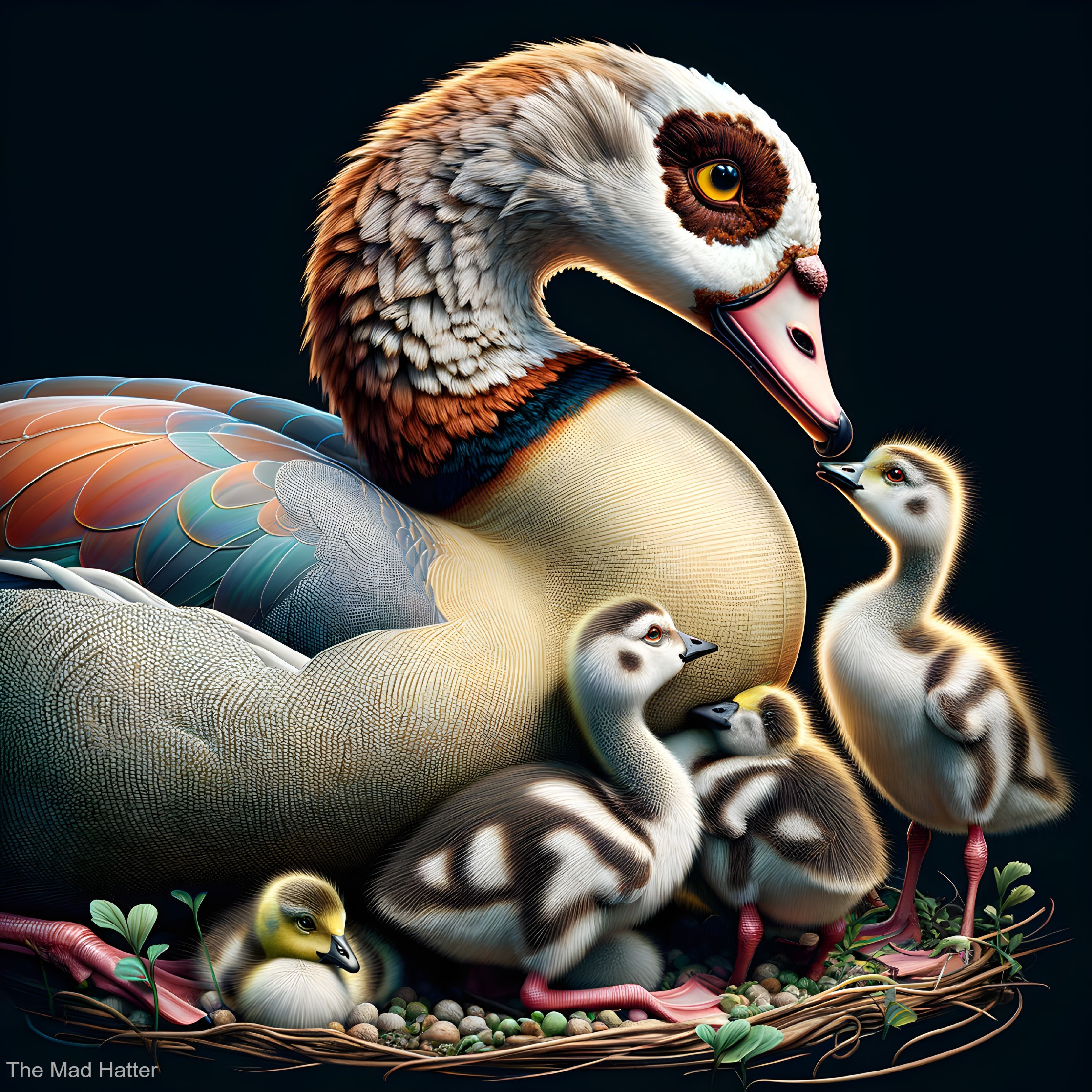 Illustration of a mother duck with ducklings in a nest
