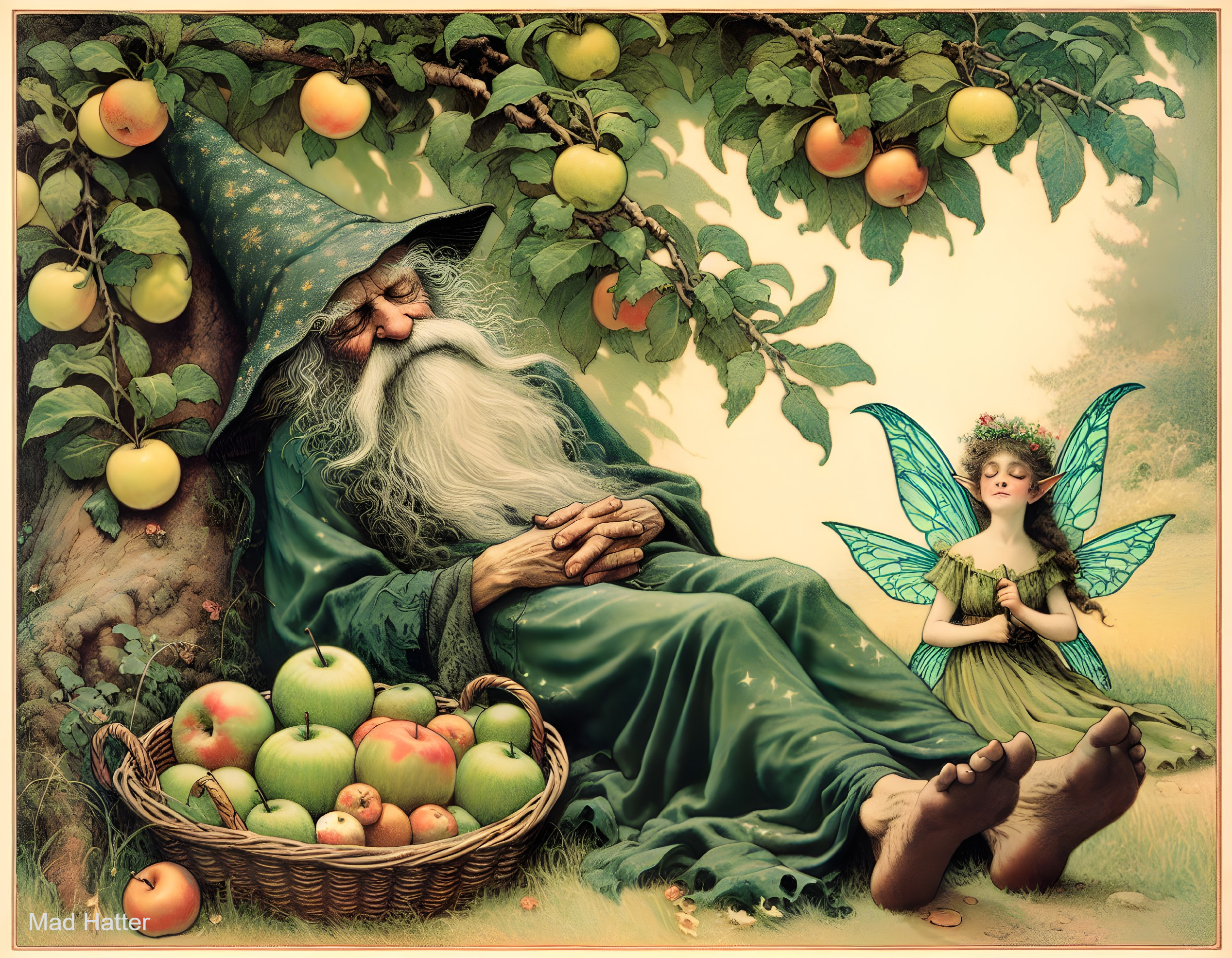 Elderly wizard and fairy in a tranquil apple grove