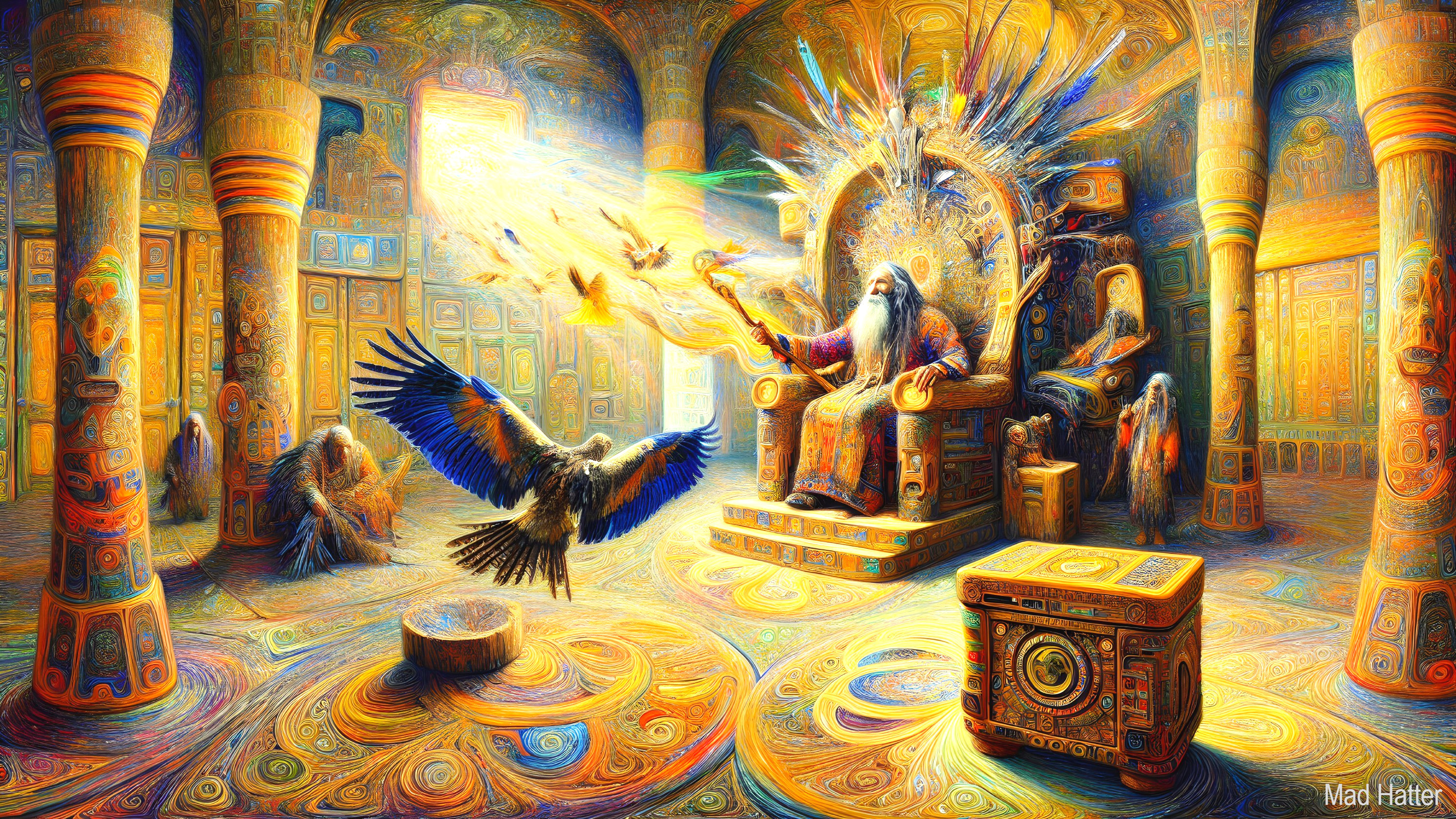 Elderly Figure in Colorful Dreamlike Temple Scene