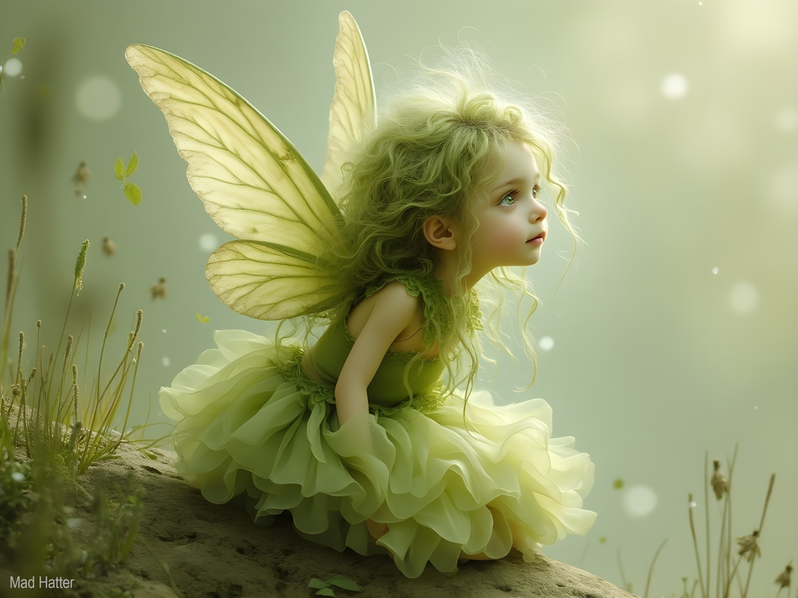 Whimsical Fairy on Mossy Stone in Enchanted Forest