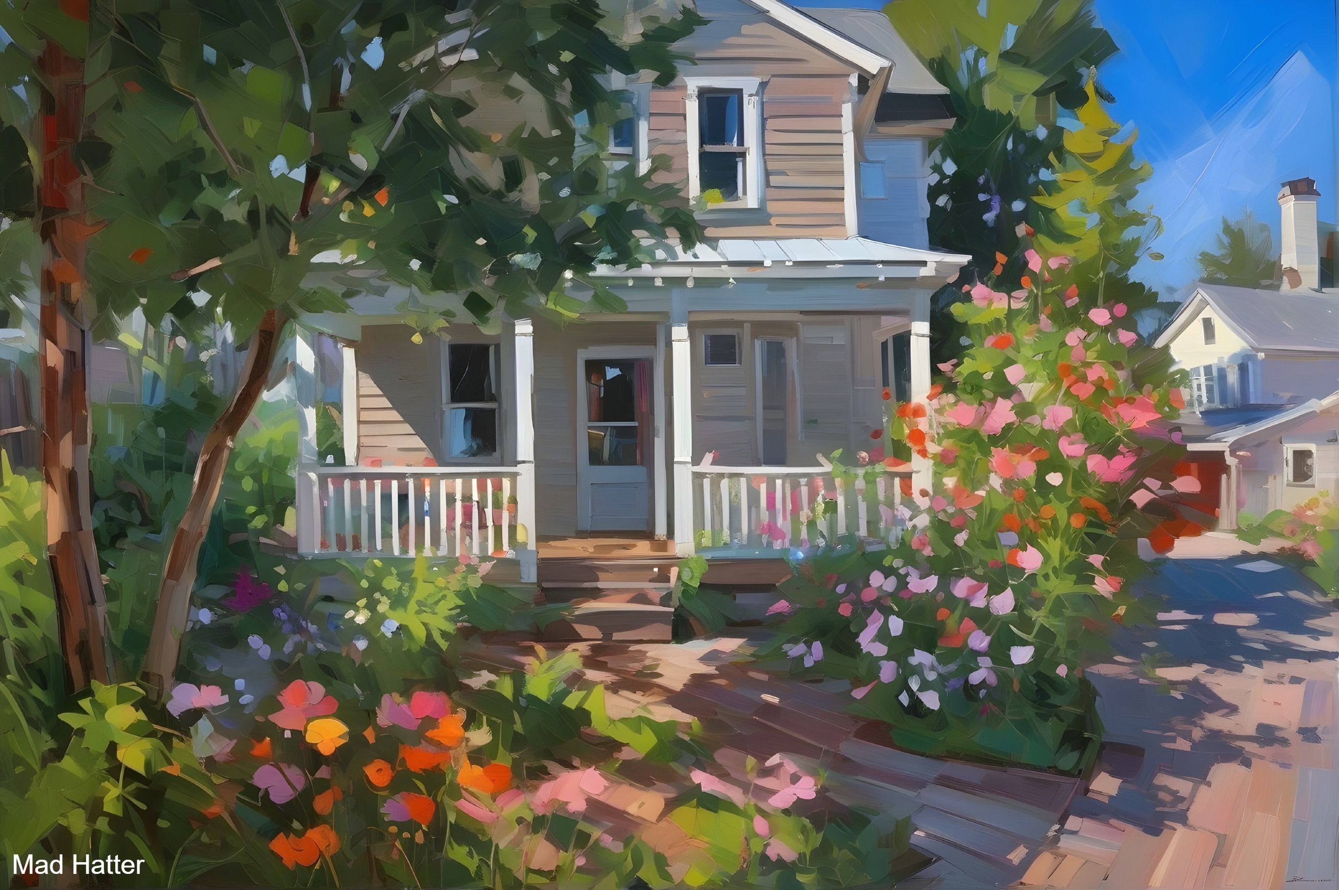 Sunlit House Surrounded by Lush Greenery and Flowers