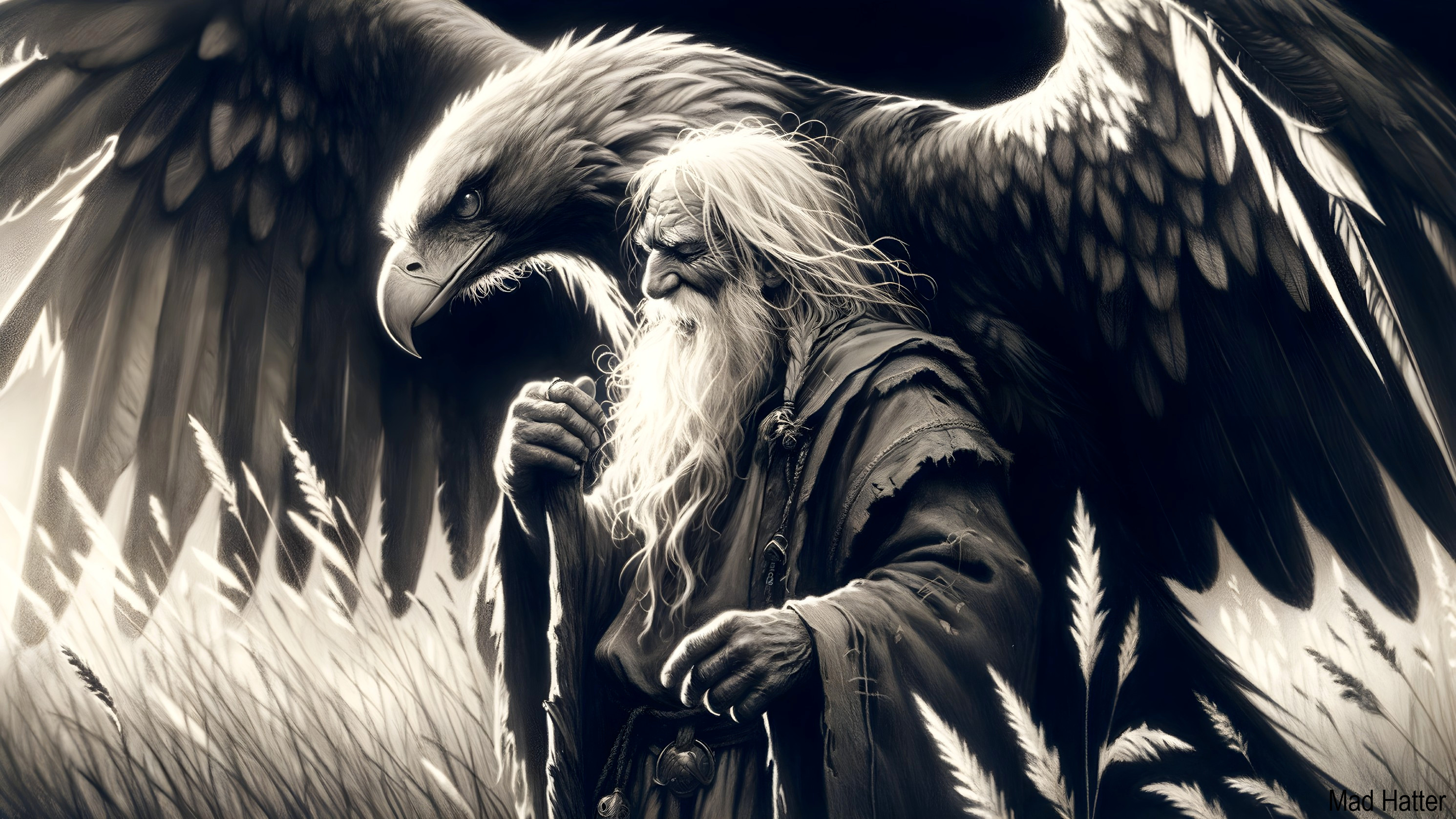 Elderly Sage in Tattered Robes with Majestic Eagle