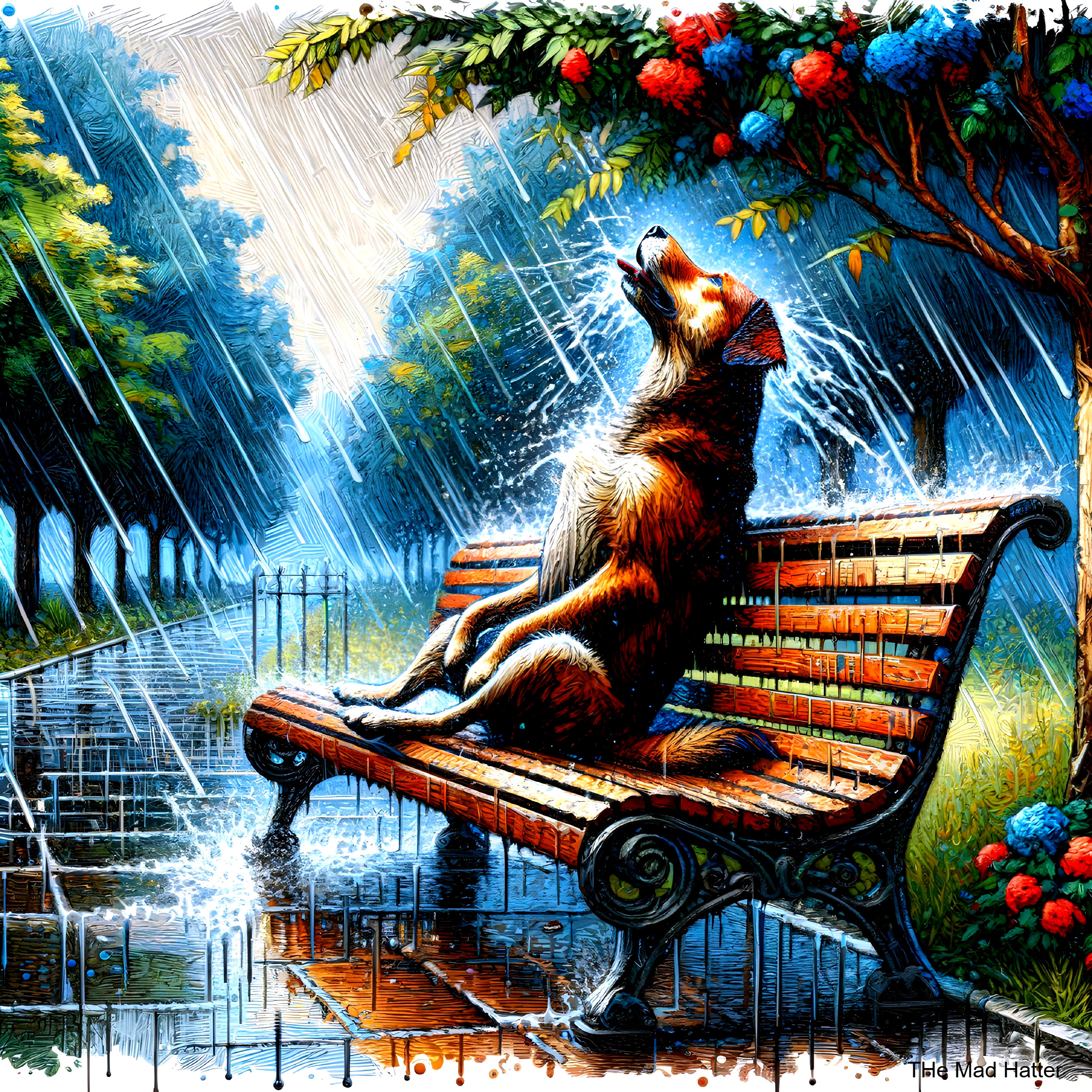 Golden Retriever on Bench in Rainy Park Scene