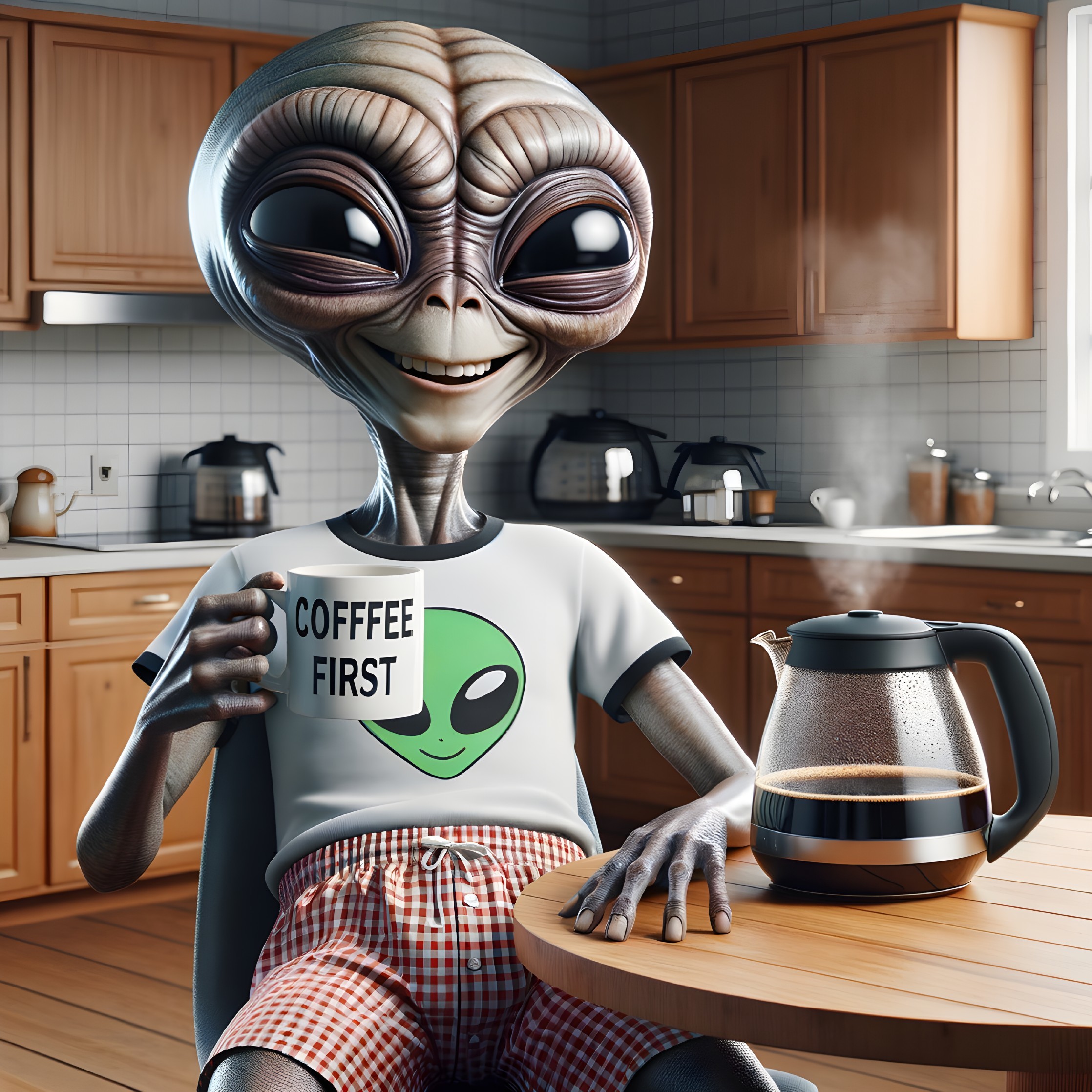 Animated Alien in Kitchen with Coffee Mug
