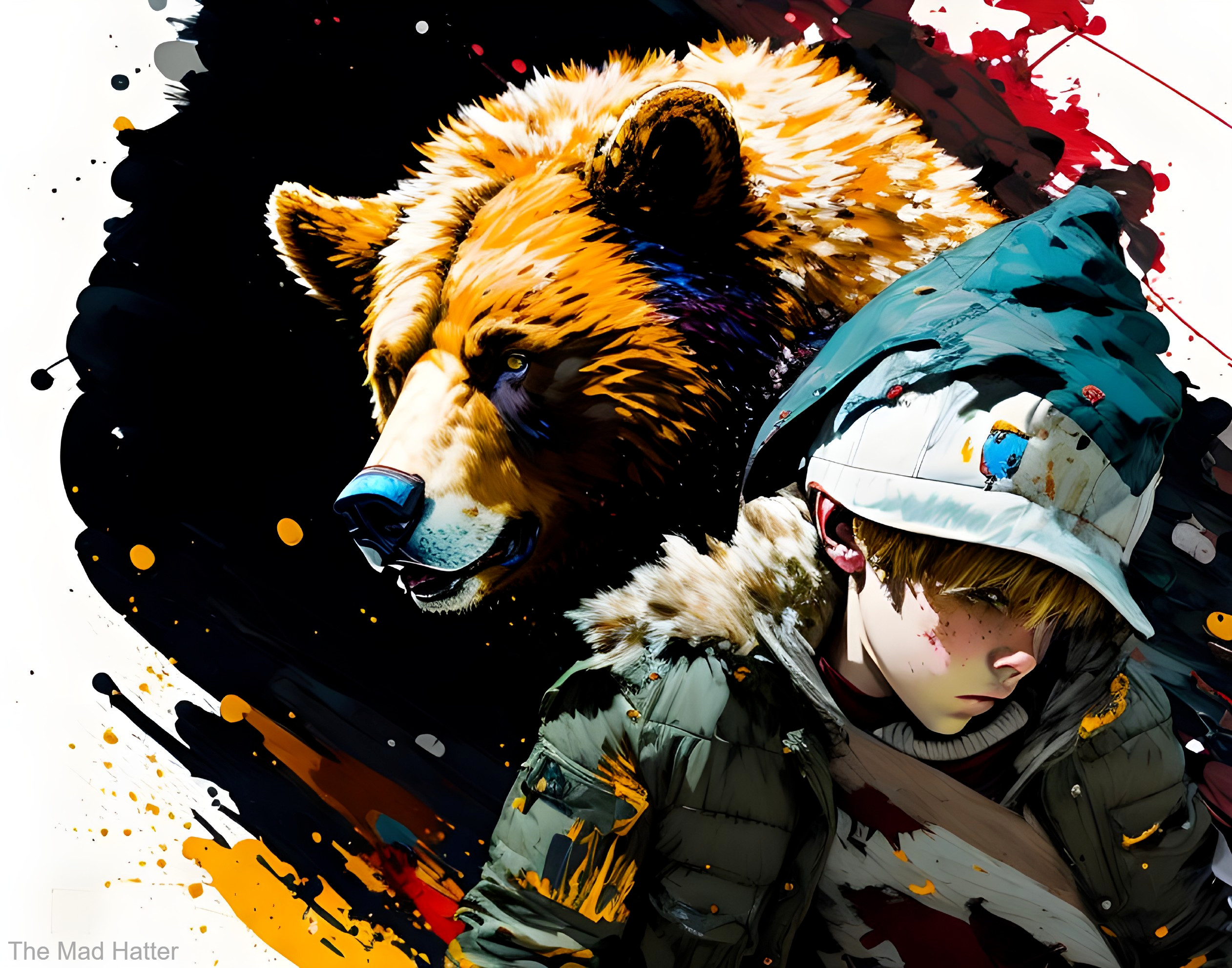 Young Boy with Bear in Colorful Nature Scene