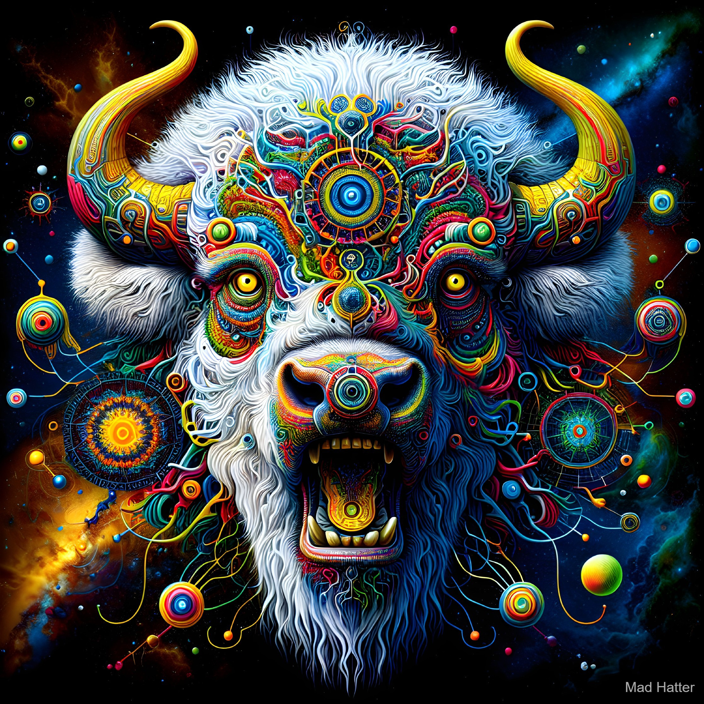 Vibrant Surreal Buffalo Head with Cosmic Elements