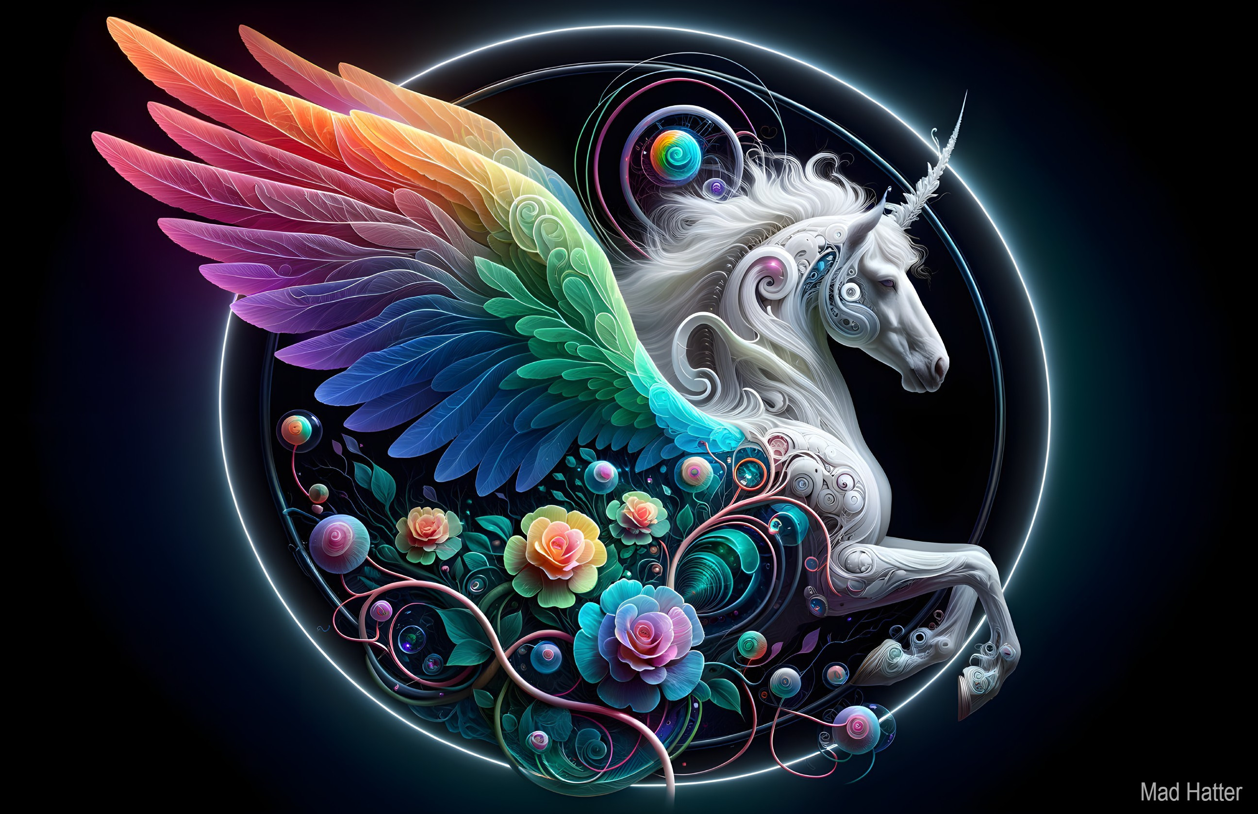 Majestic Unicorn with Rainbow Wings and Floral Patterns