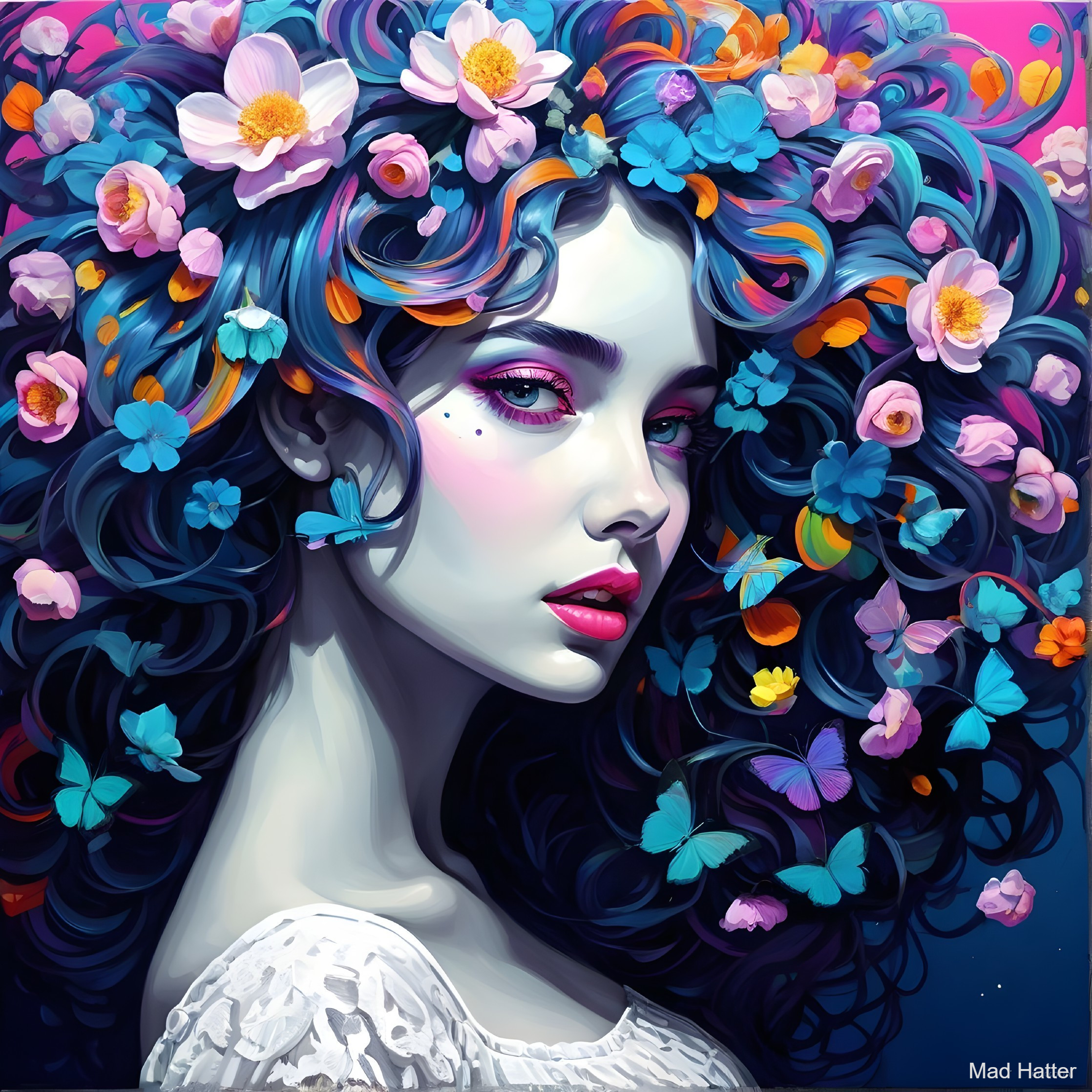 Portrait of a woman with curly hair and floral crown
