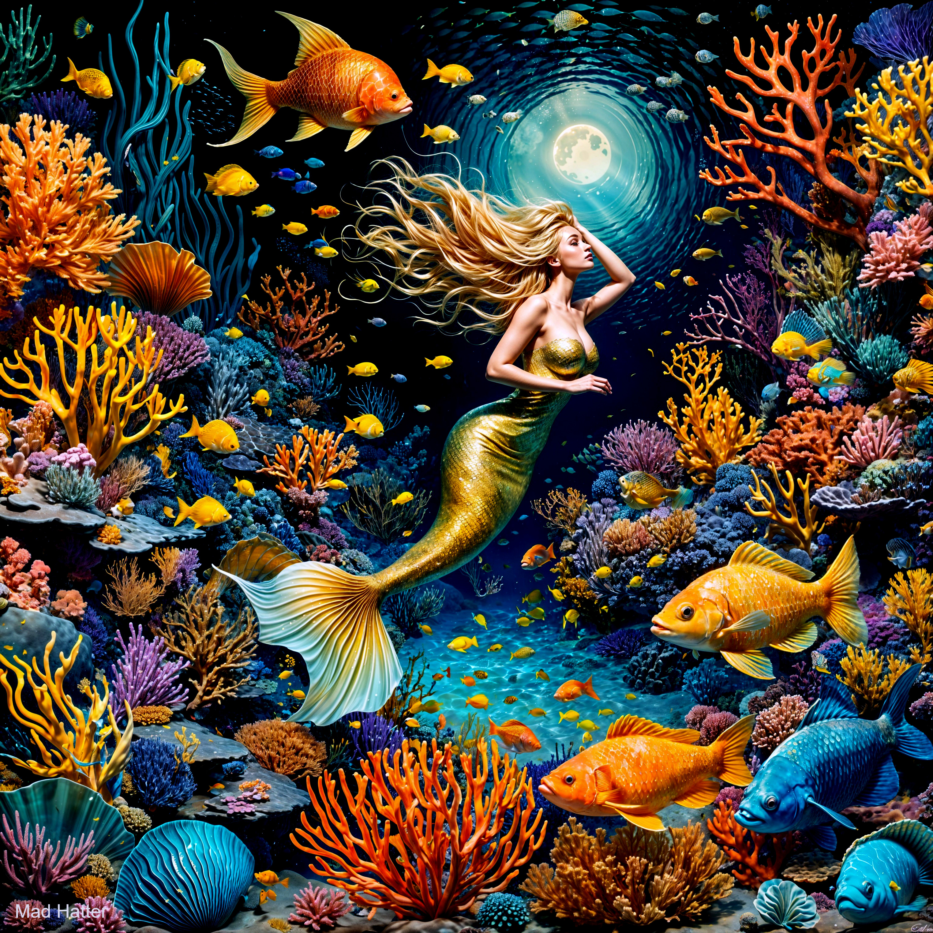 Underwater Scene with Mermaid and Coral Reefs