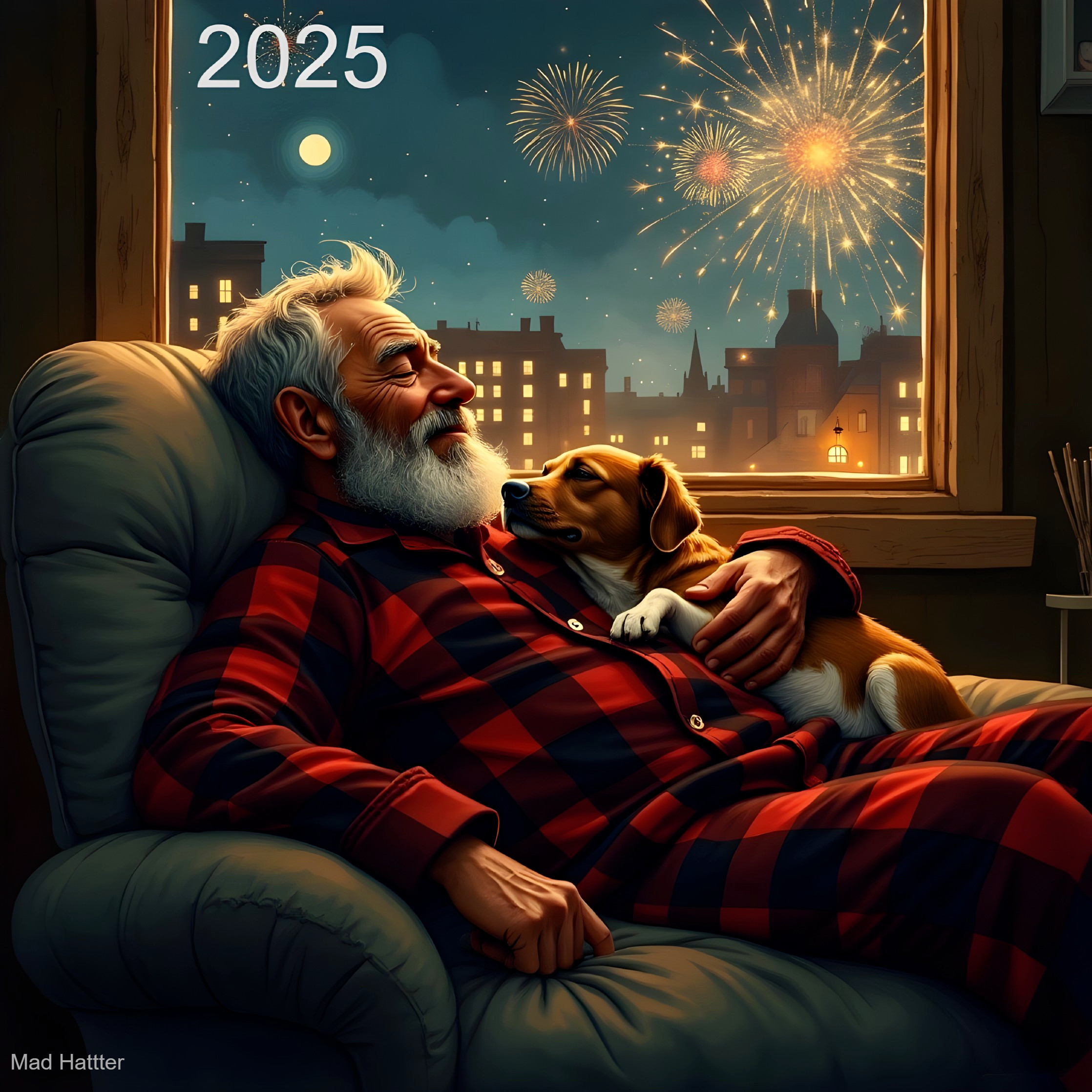 Elderly man in festive pajamas with a dog by the window