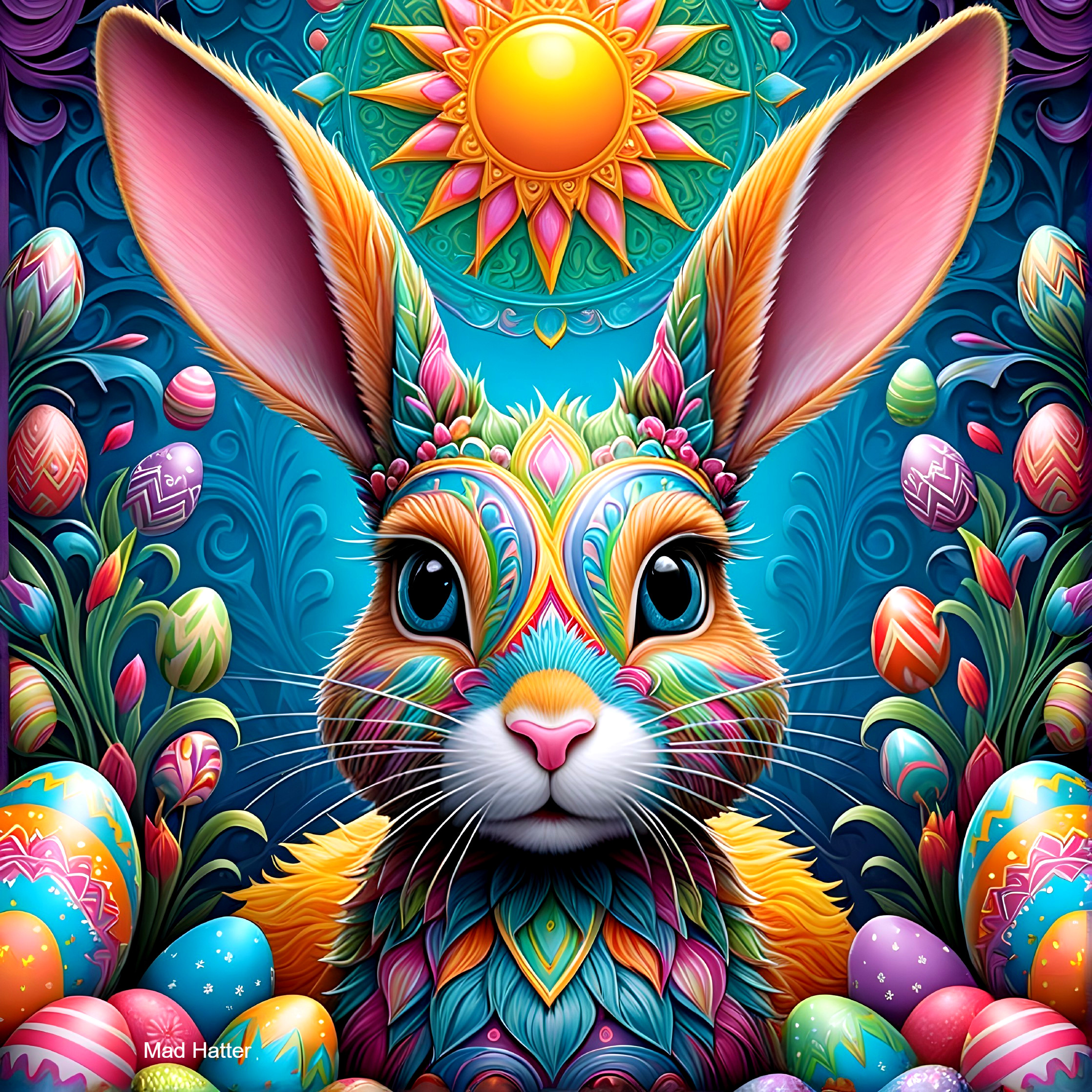 Vibrant Rabbit with Easter Eggs and Floral Elements