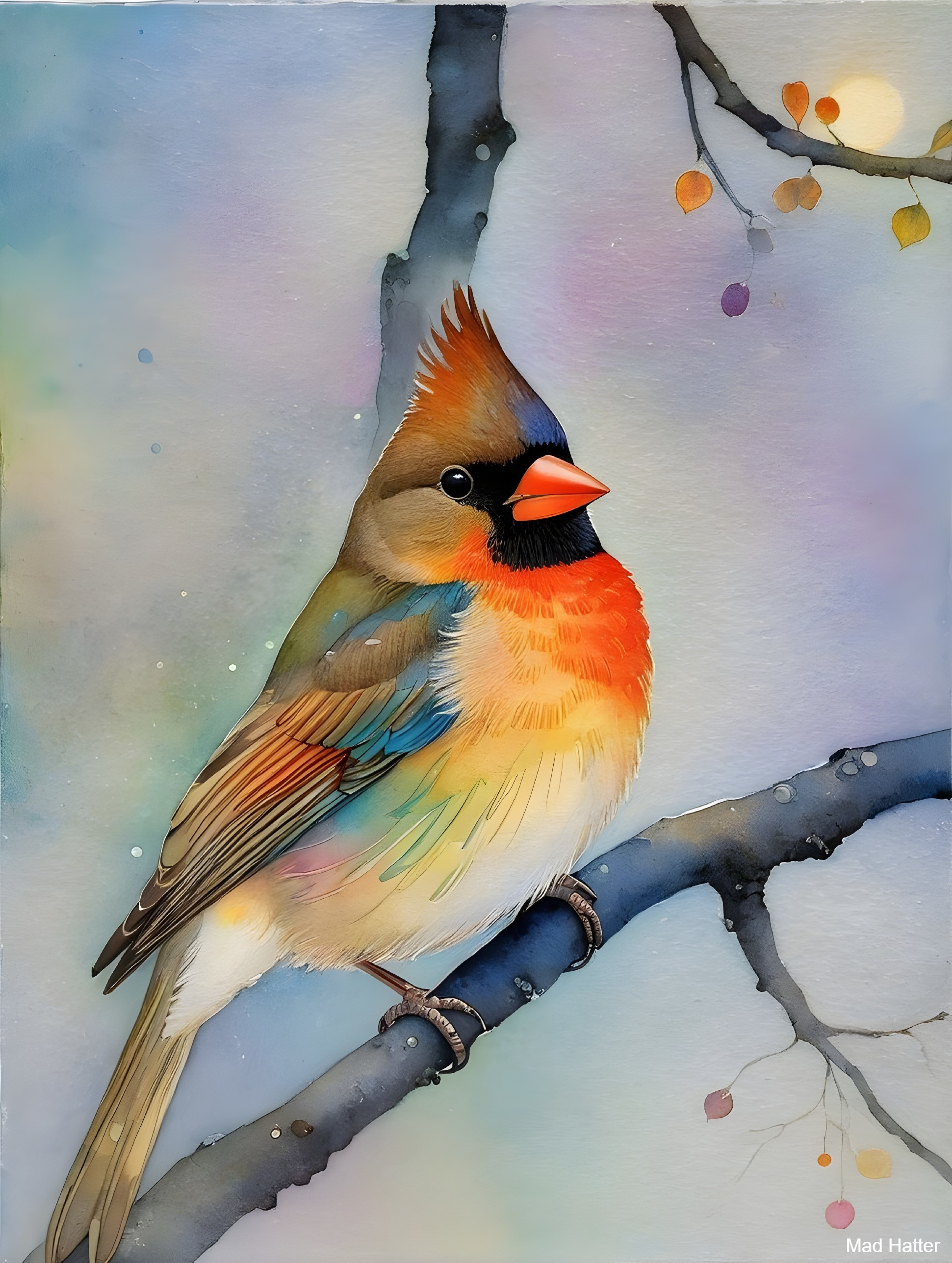 Vibrant Watercolor of Colorful Bird on Branch