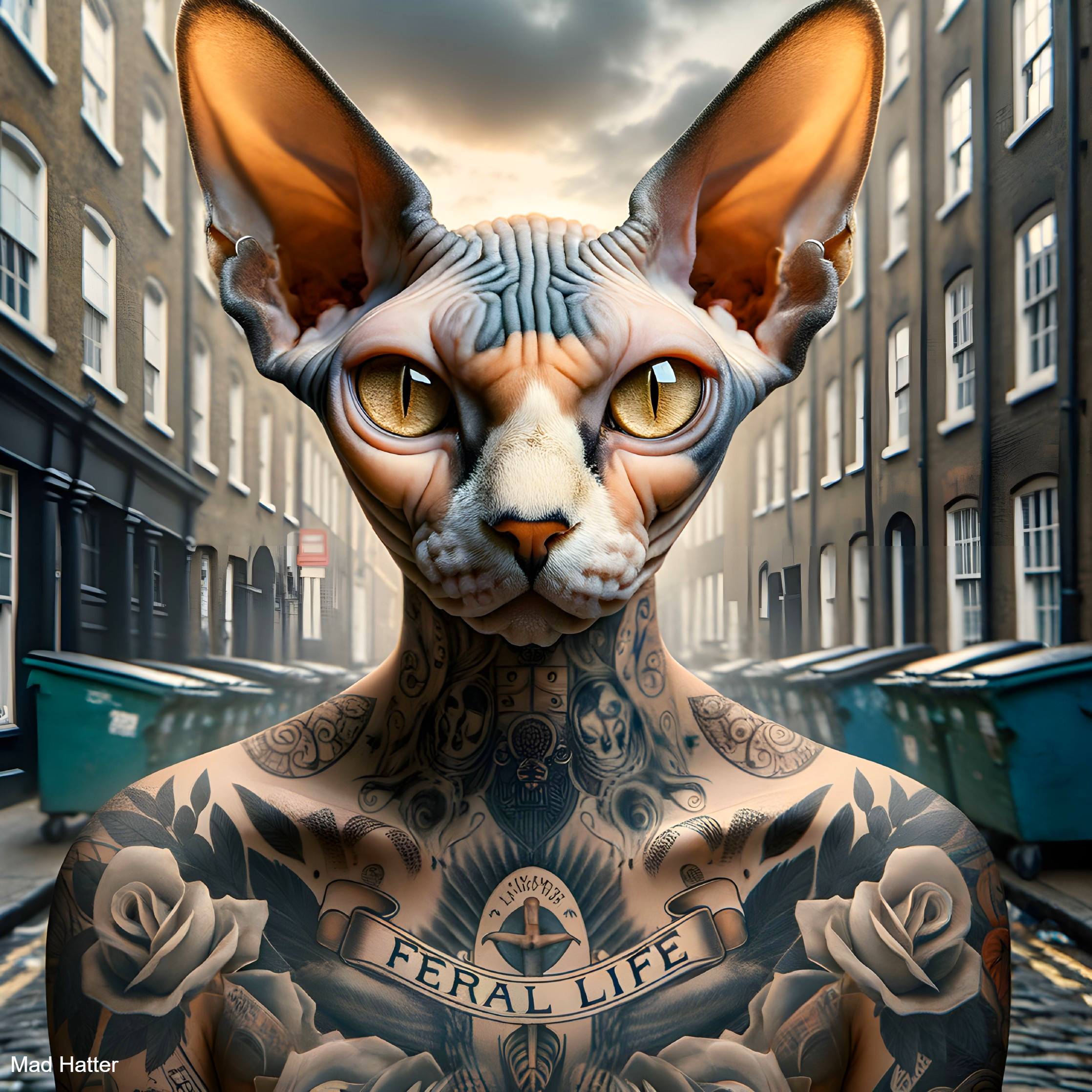 Surreal Anthropomorphic Figure with Sphynx Cat Head