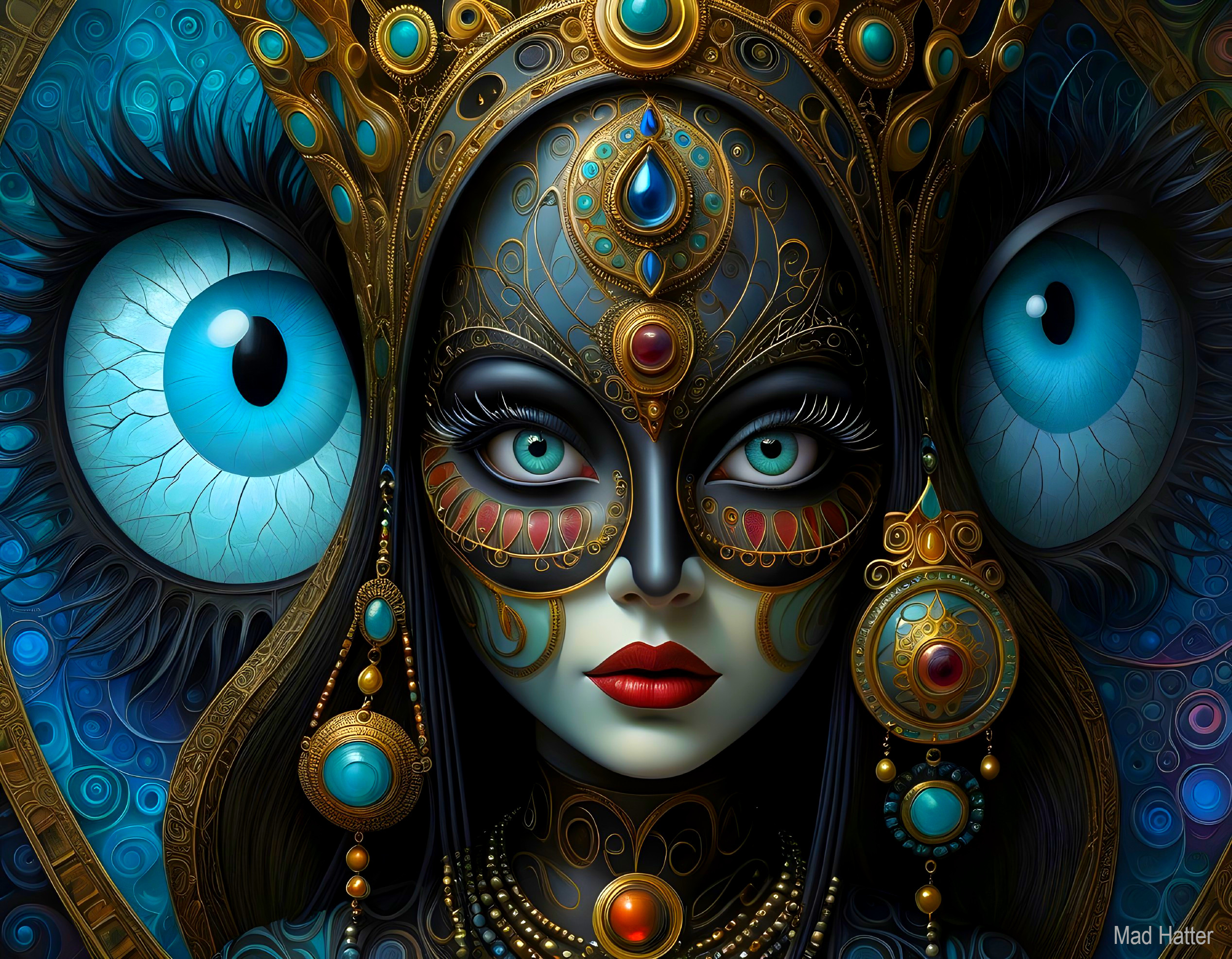 Portrait of a Mysterious Woman in Blue and Gold Patterns