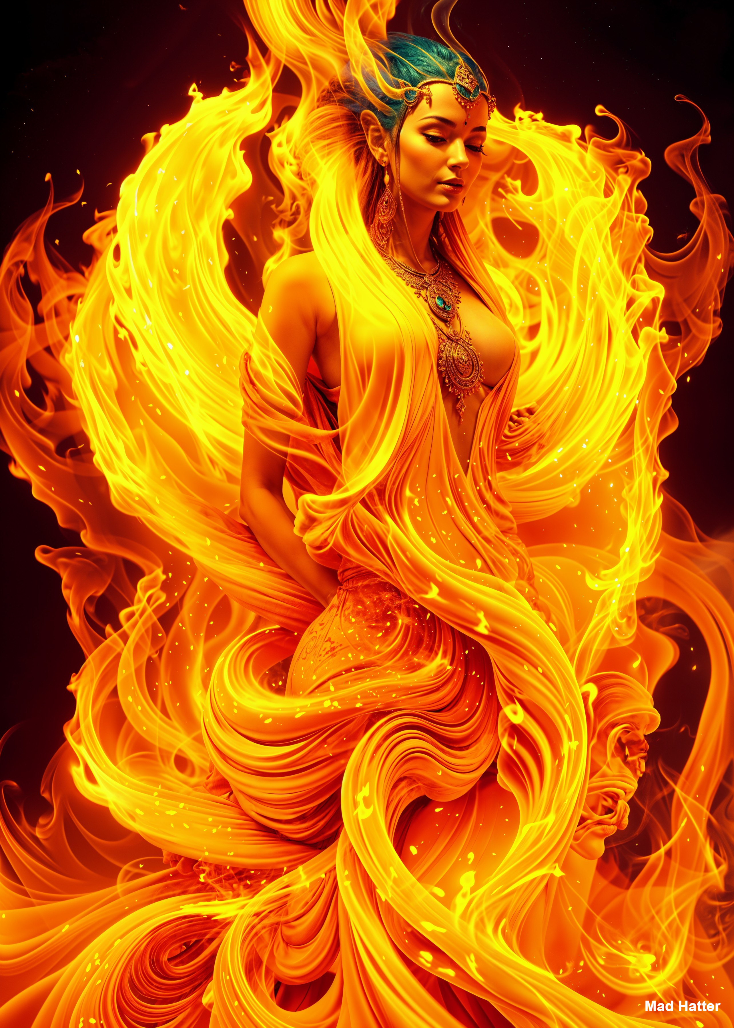 Figure in Vibrant Flames with Elegant Gown and Jewelry