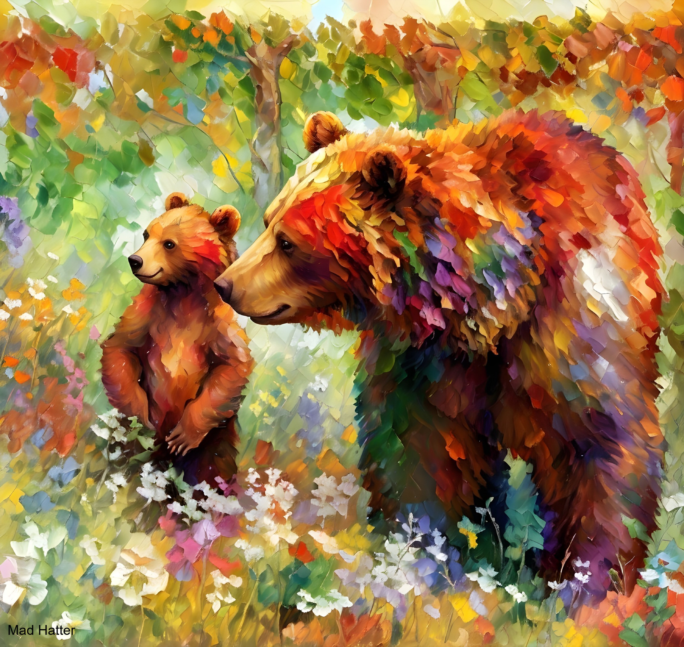 Colorful depiction of a mother bear and cub in nature