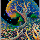 Majestic tree with roots and leaves under a moonlit sky