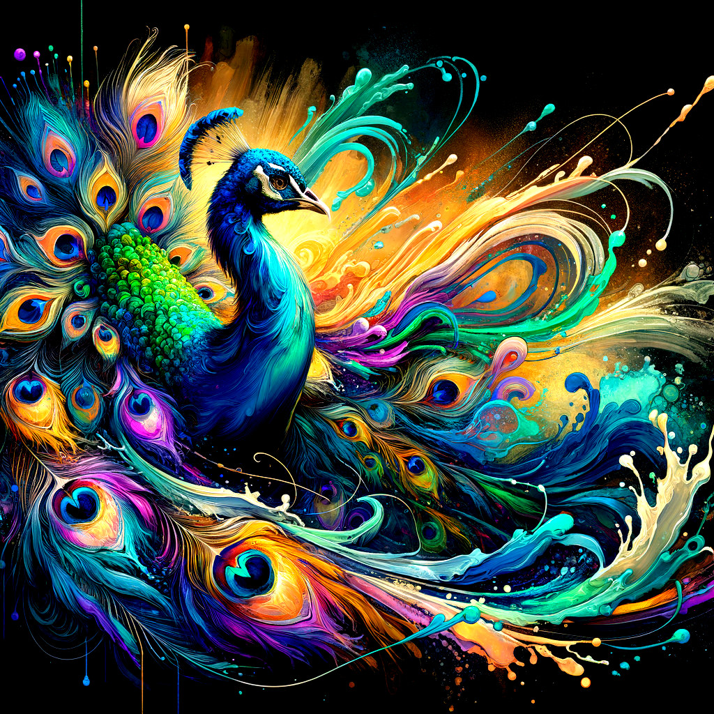 Colorful digital artwork: Peacock with spread feathers in vivid blues, greens, and yellows
