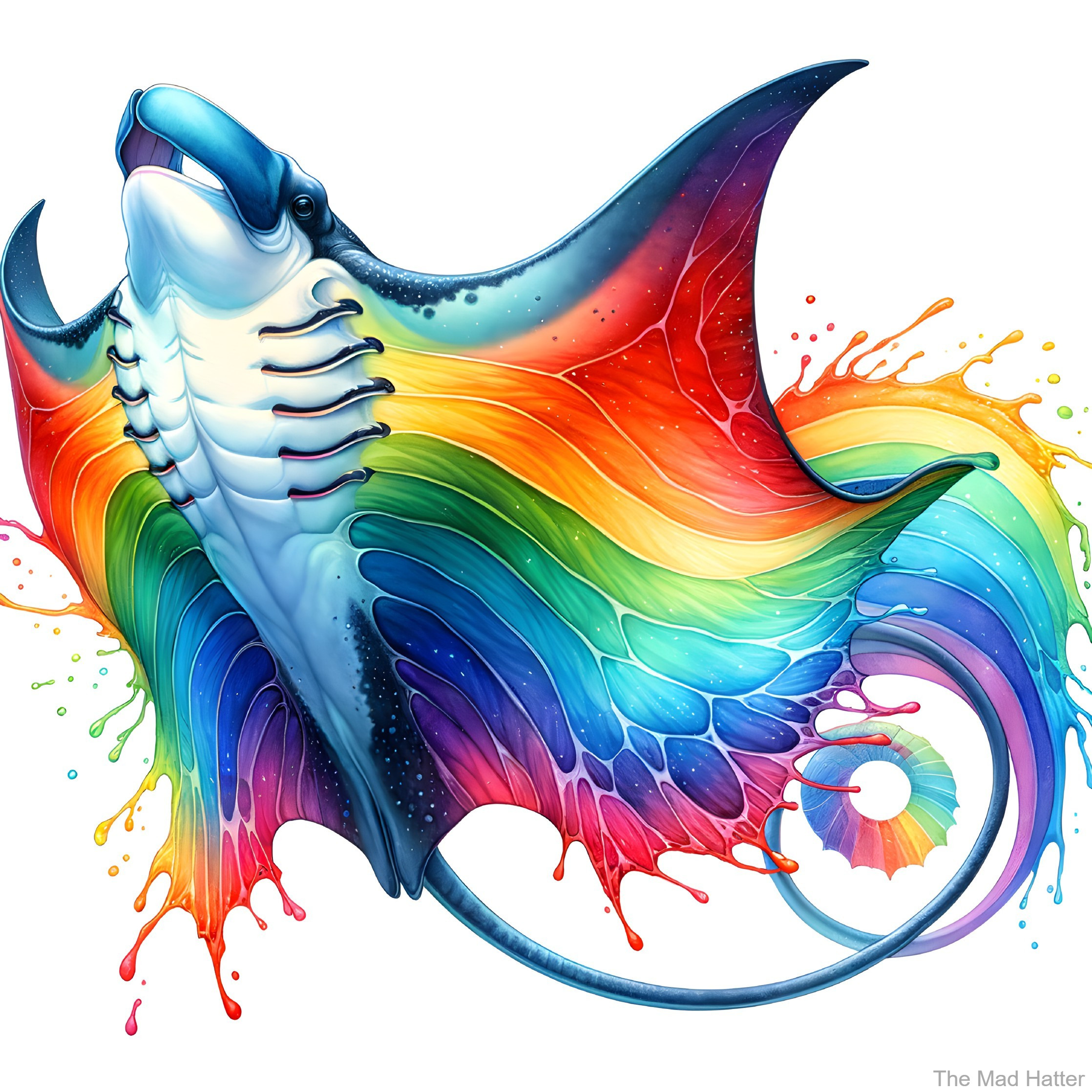 Colorful Manta Ray Swimming Through Rainbow Splashes