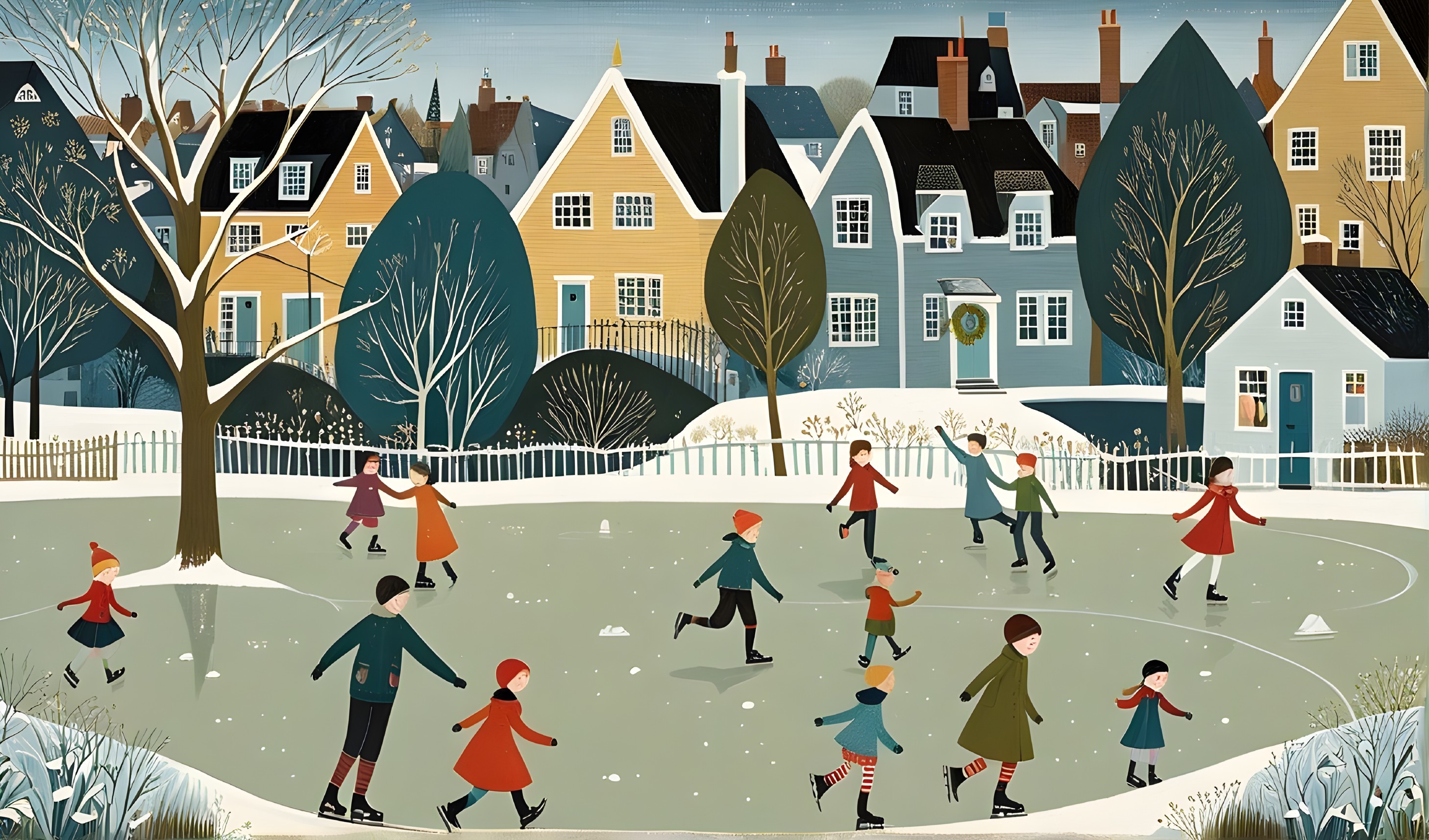 Winter Scene with Children Ice Skating and Houses