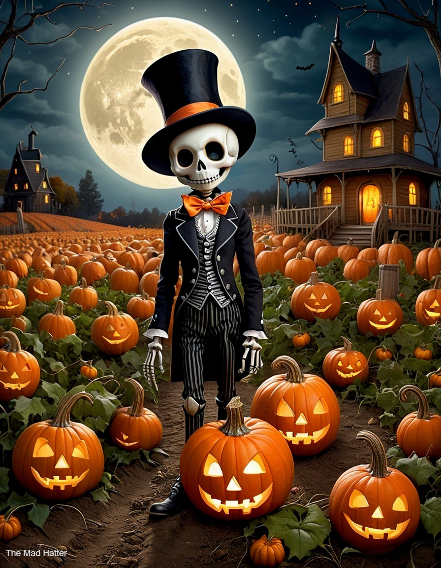 Whimsical Skeleton in Pumpkin Patch at Halloween Night