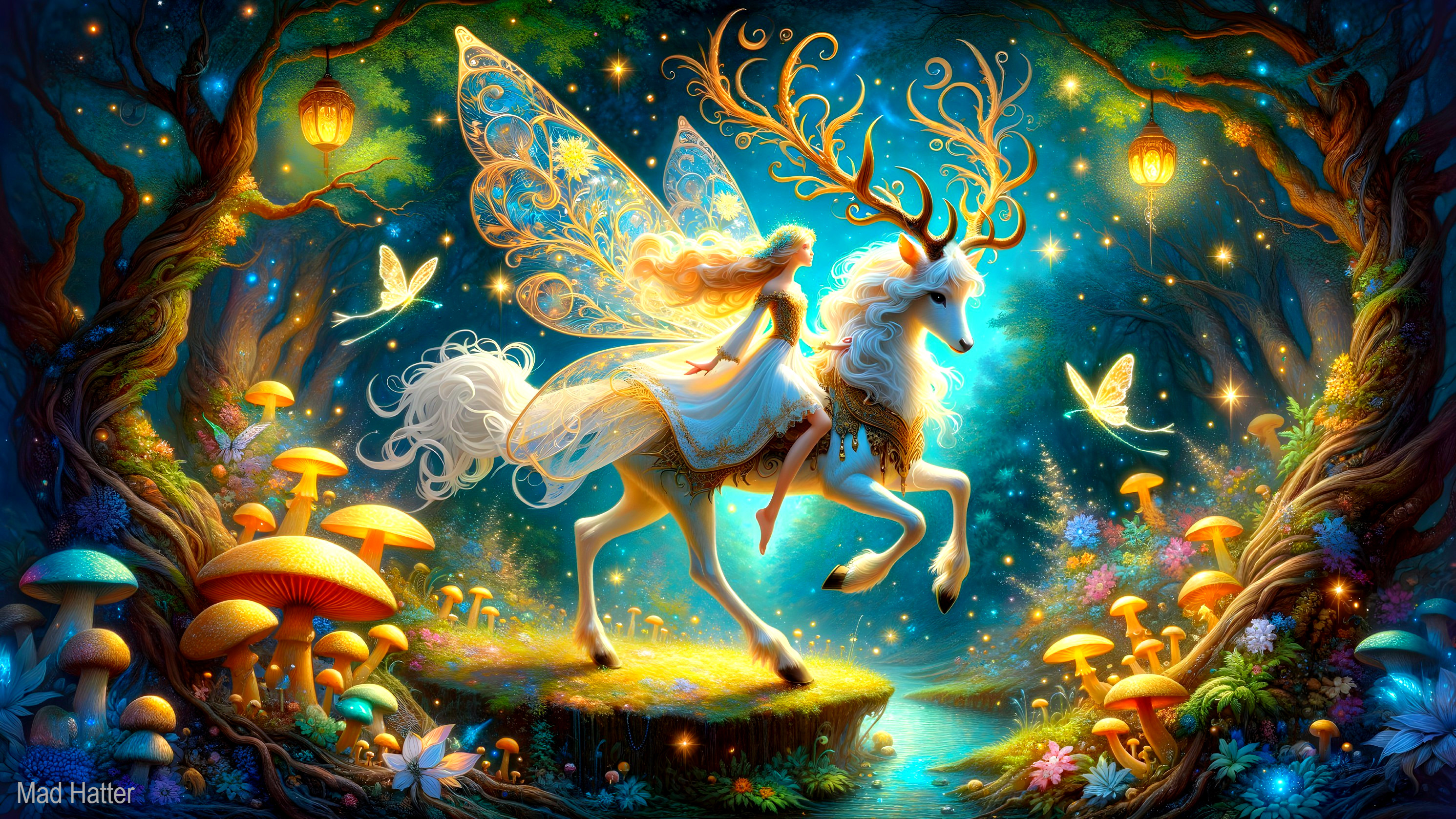 Fairy Riding Deer in Enchanted Forest Scene