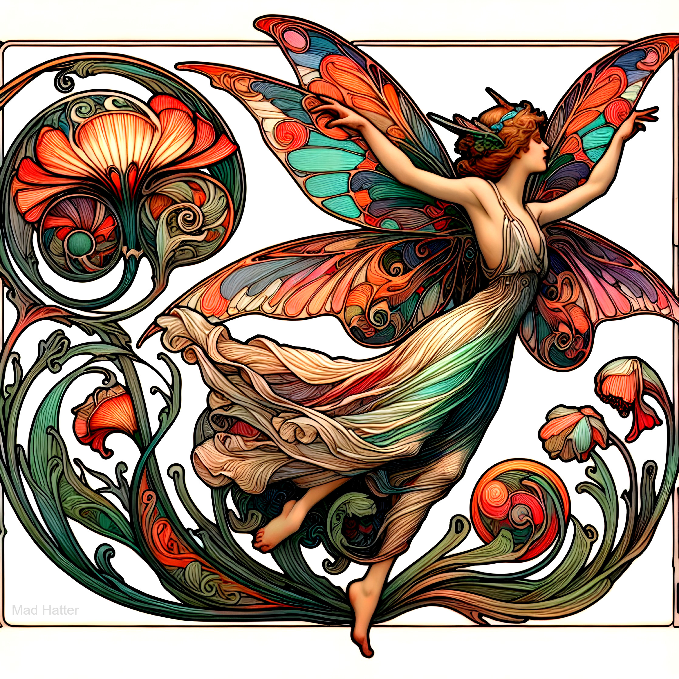 Fairy with Butterfly Wings in Floral Fantasy Scene