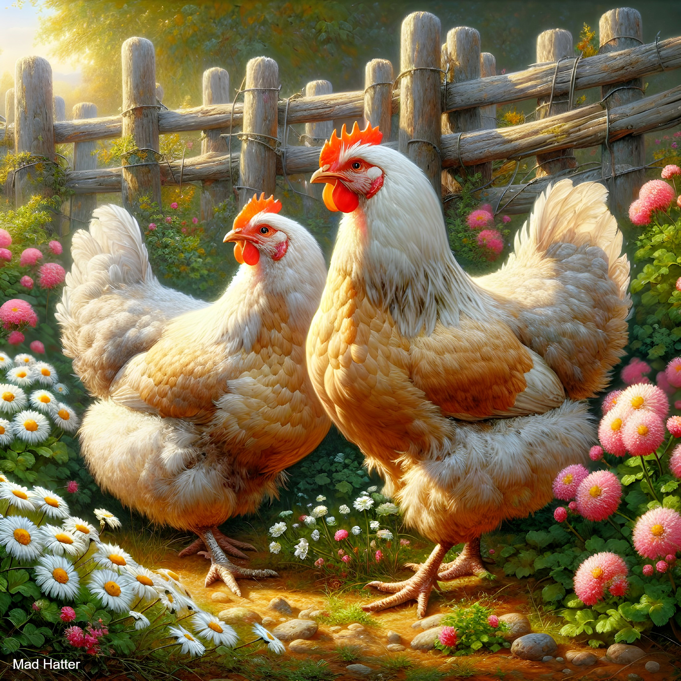 Chickens in a Flower Garden