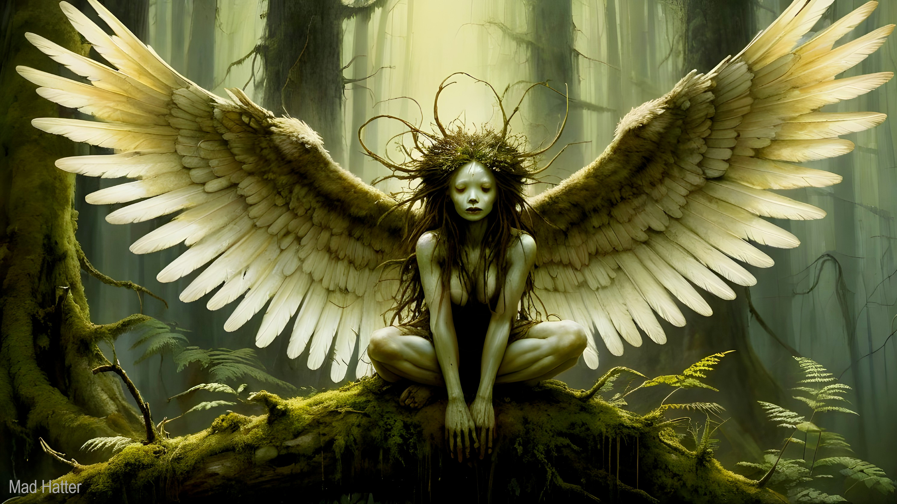 Mystical figure with wings in enchanted forest setting