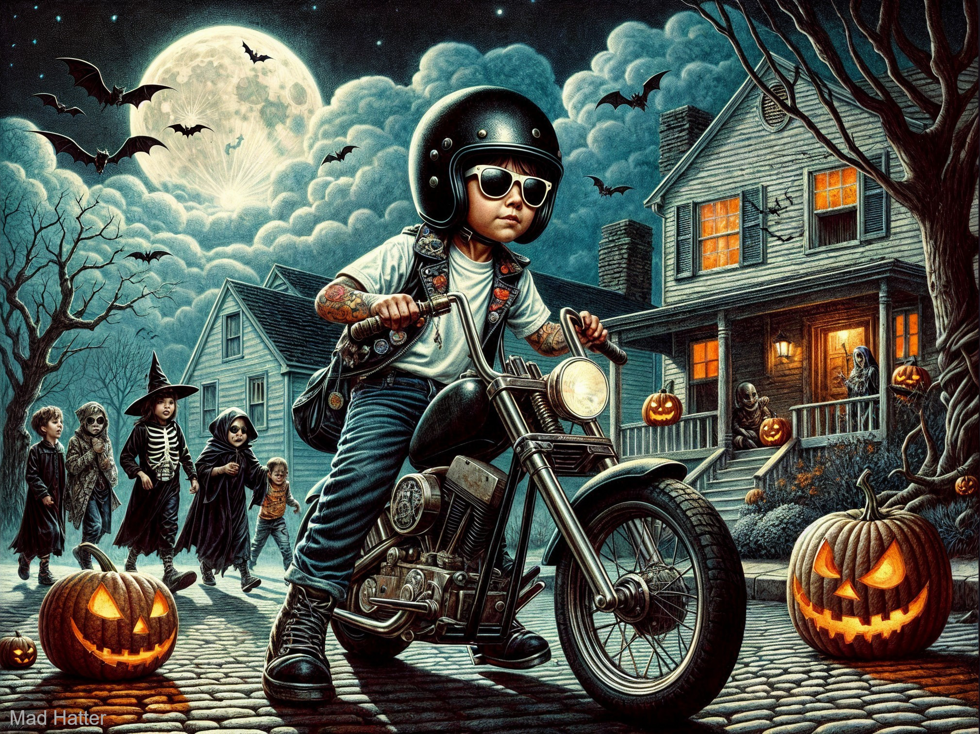 Young Boy on Motorcycle in Halloween Neighborhood Scene