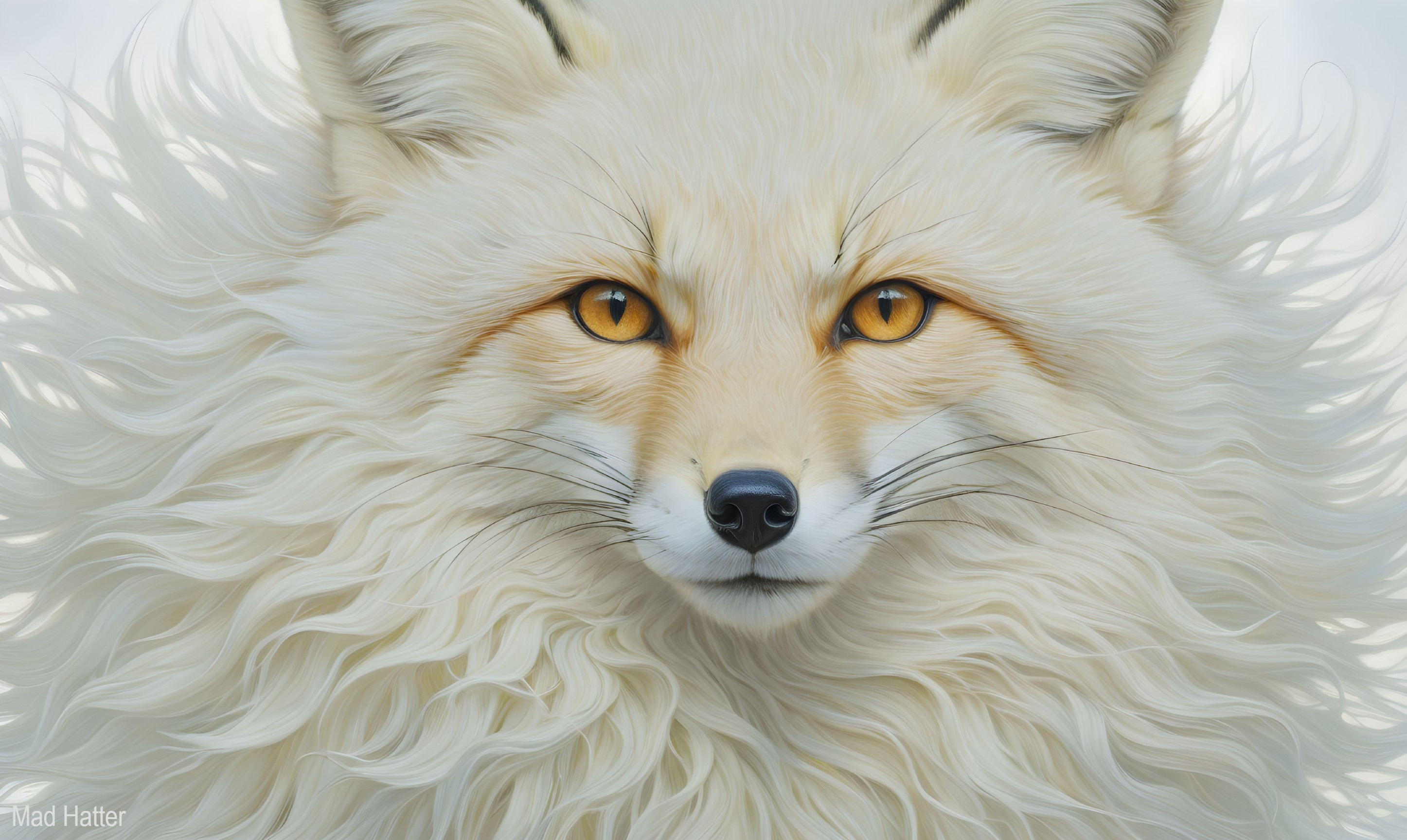 Close-up of a detailed white fox's face and eyes