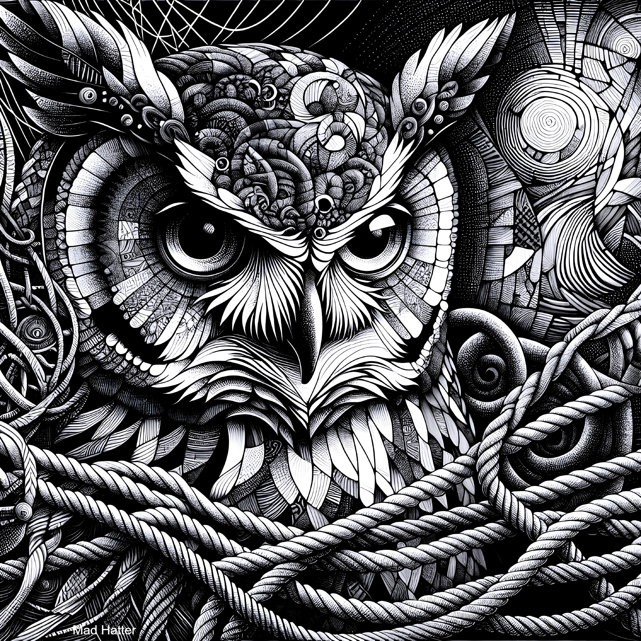 Black-and-White Illustration of an Intricate Owl