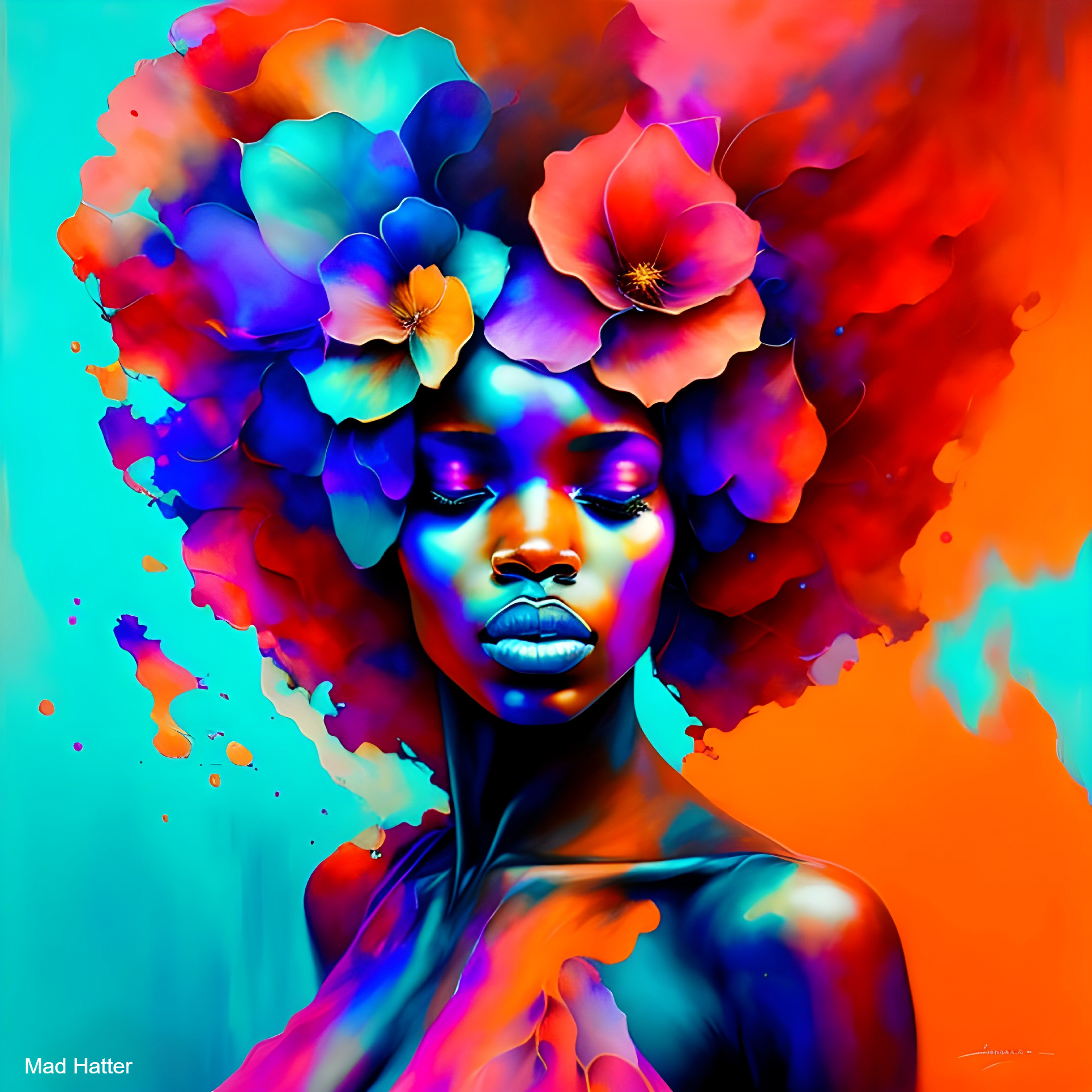 Vibrant Surreal Portrait of a Woman with Floral Hair