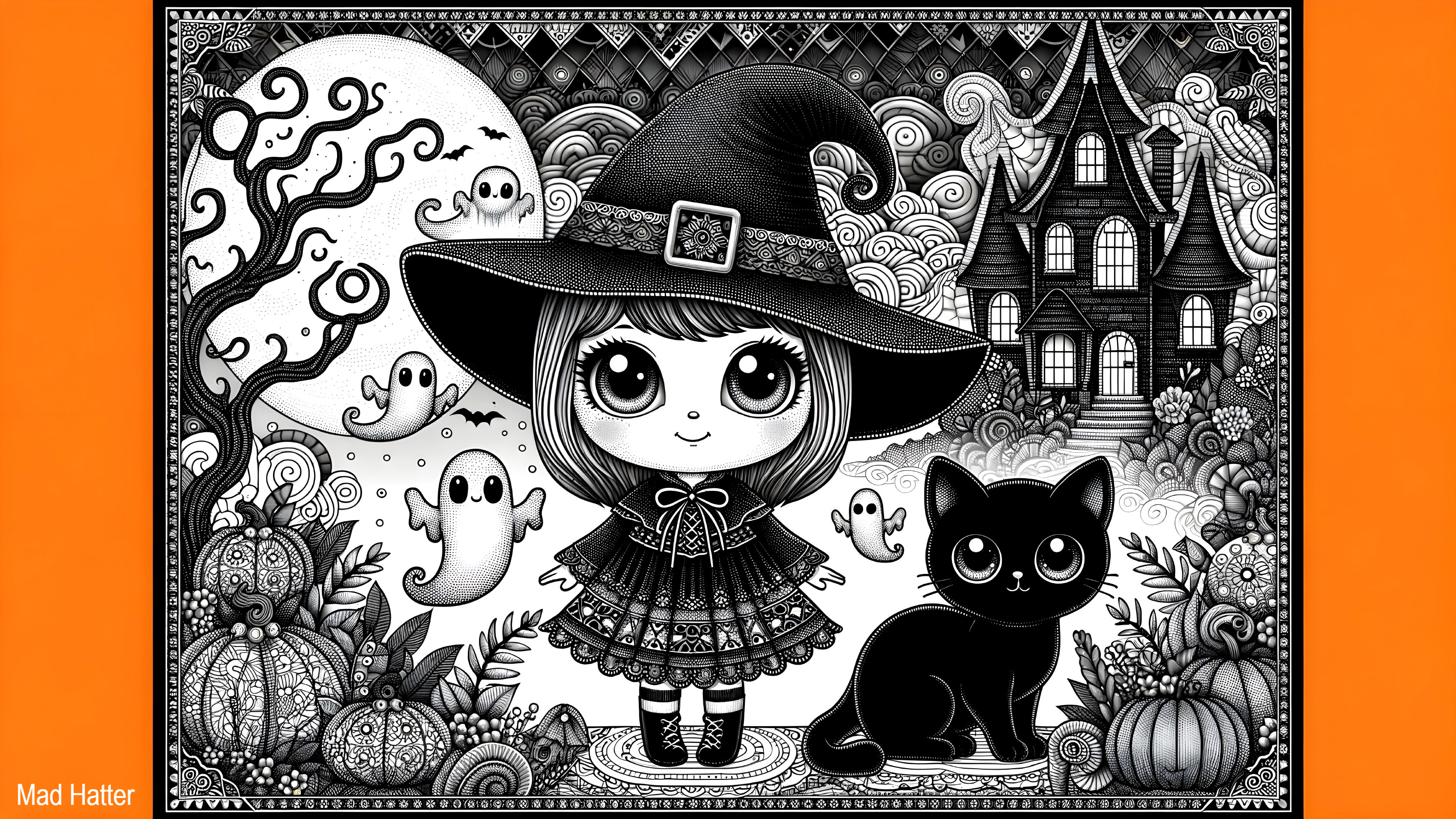 Cartoon Witch with Cat in Halloween Scene Illustration