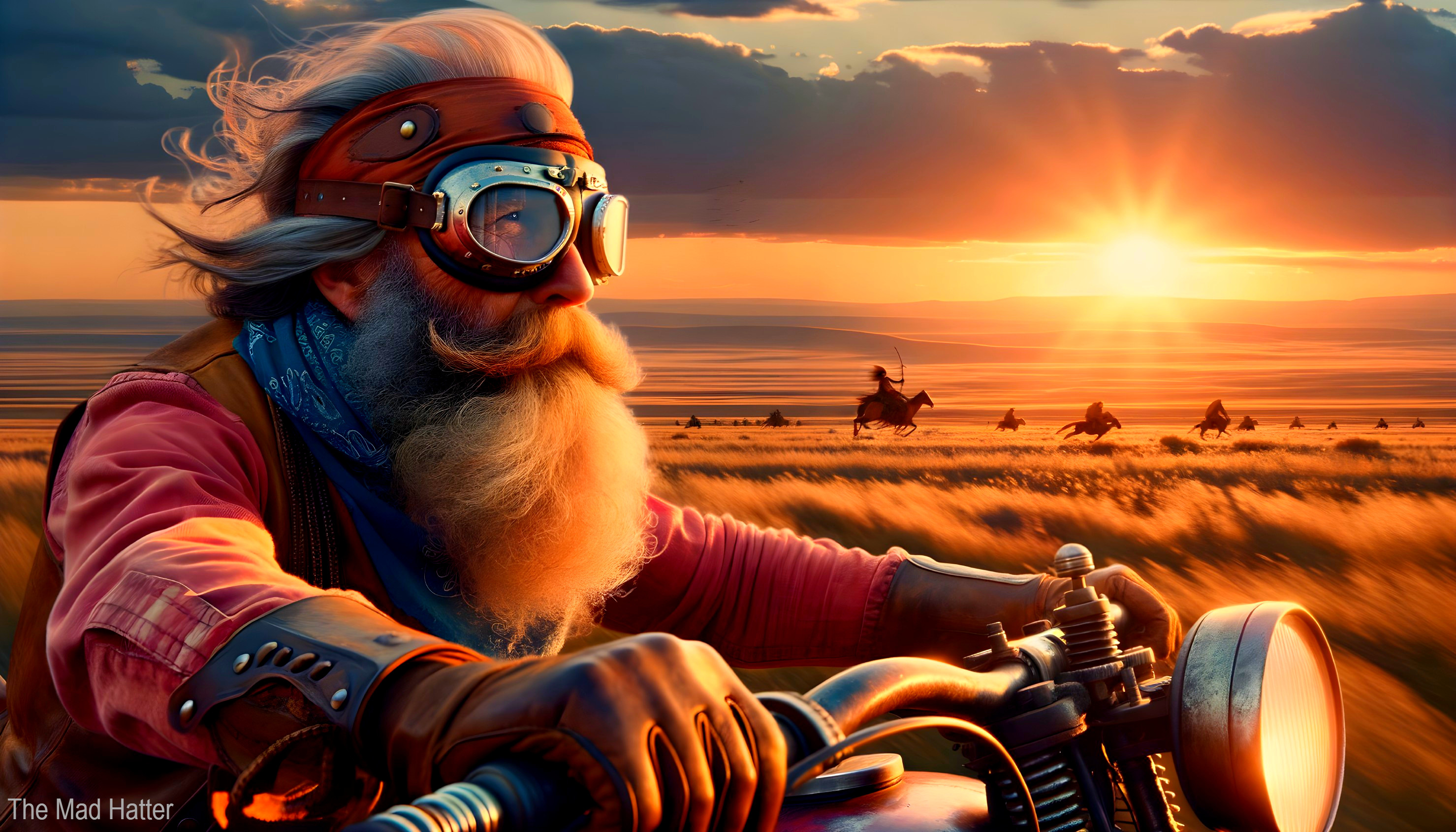 Elderly Man on Motorcycle at Sunset with Horseback Riders