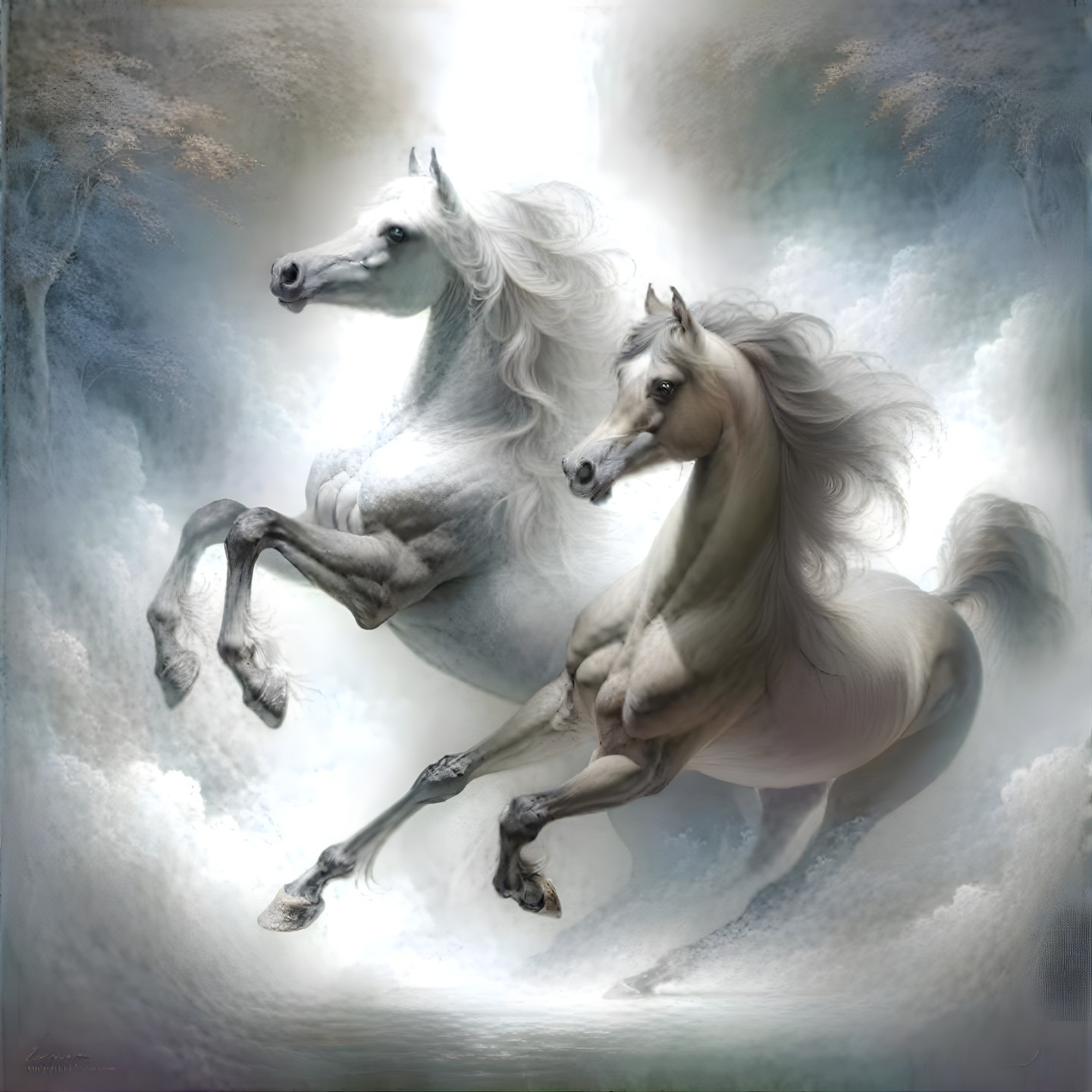 Ethereal Horses Galloping in a Misty Landscape