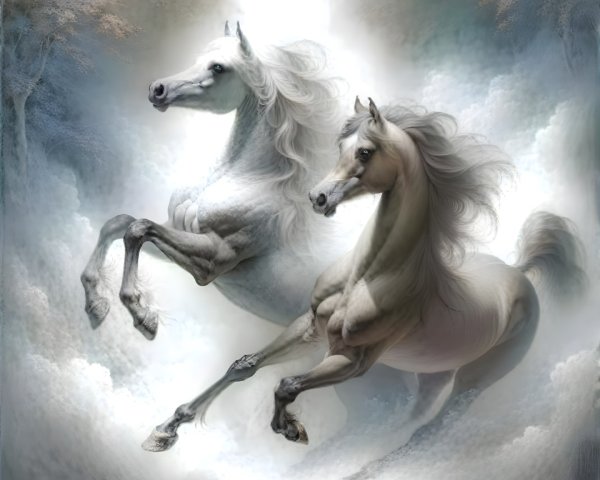 Ethereal Horses Galloping in a Misty Landscape