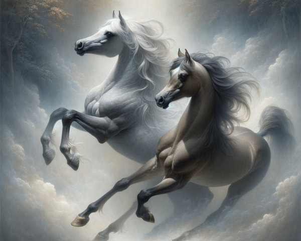 Majestic Horses Galloping Against Dreamy Cloudy Background