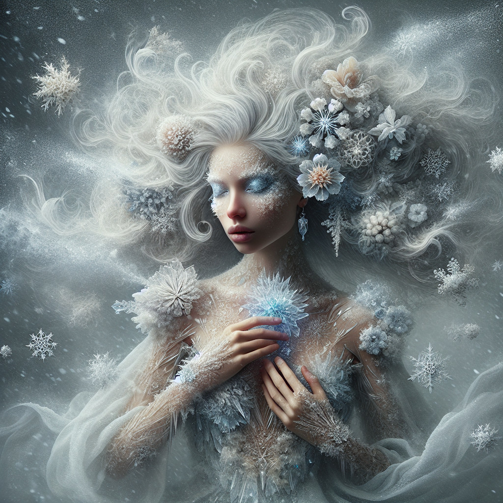 Mystical Figure with Ice Textures and Snowflakes