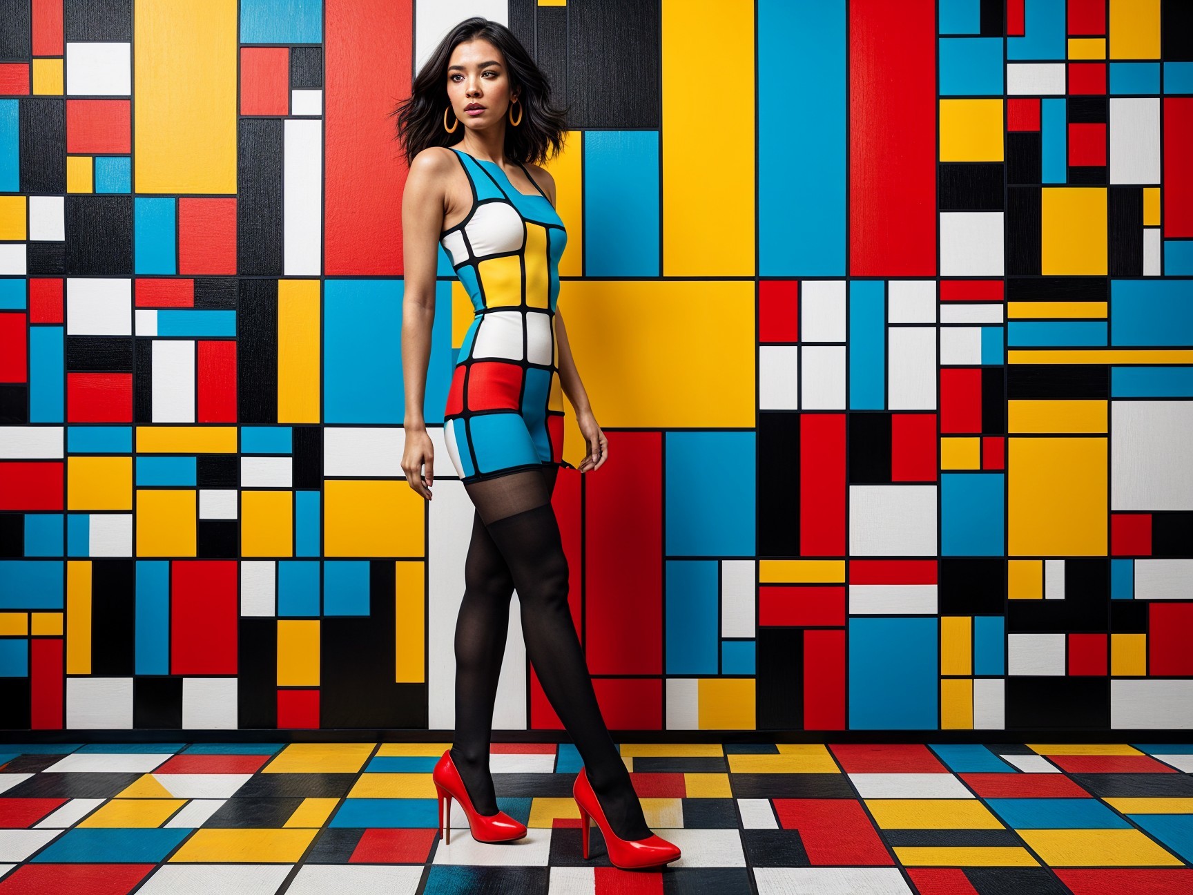 Model in Geometric Dress Against Colorful Abstract Wall