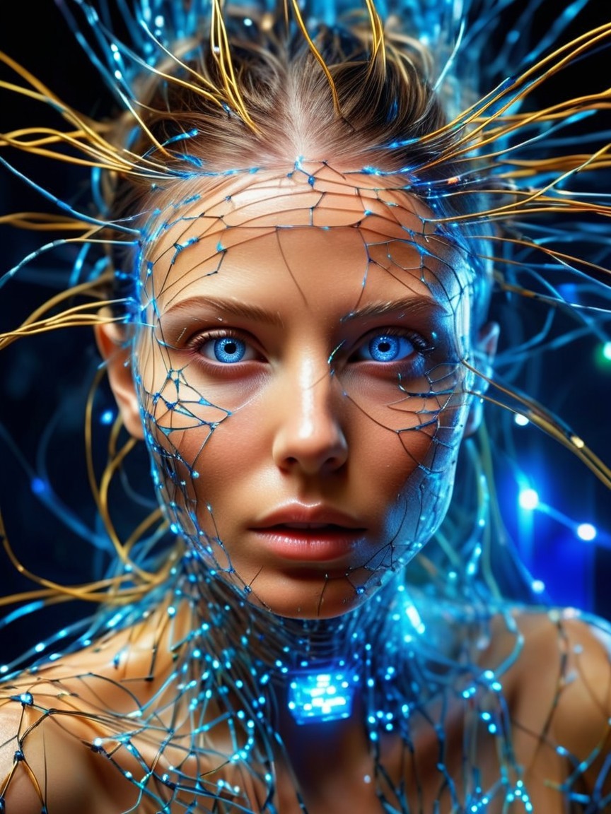 Portrait of a woman with blue eyes and circuitry elements