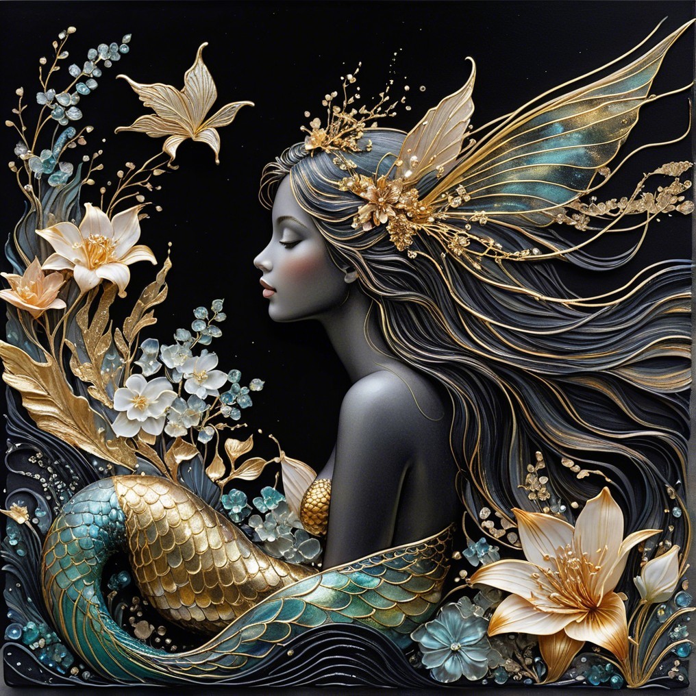 Elegant Mermaid Surrounded by Flowers and Leaves